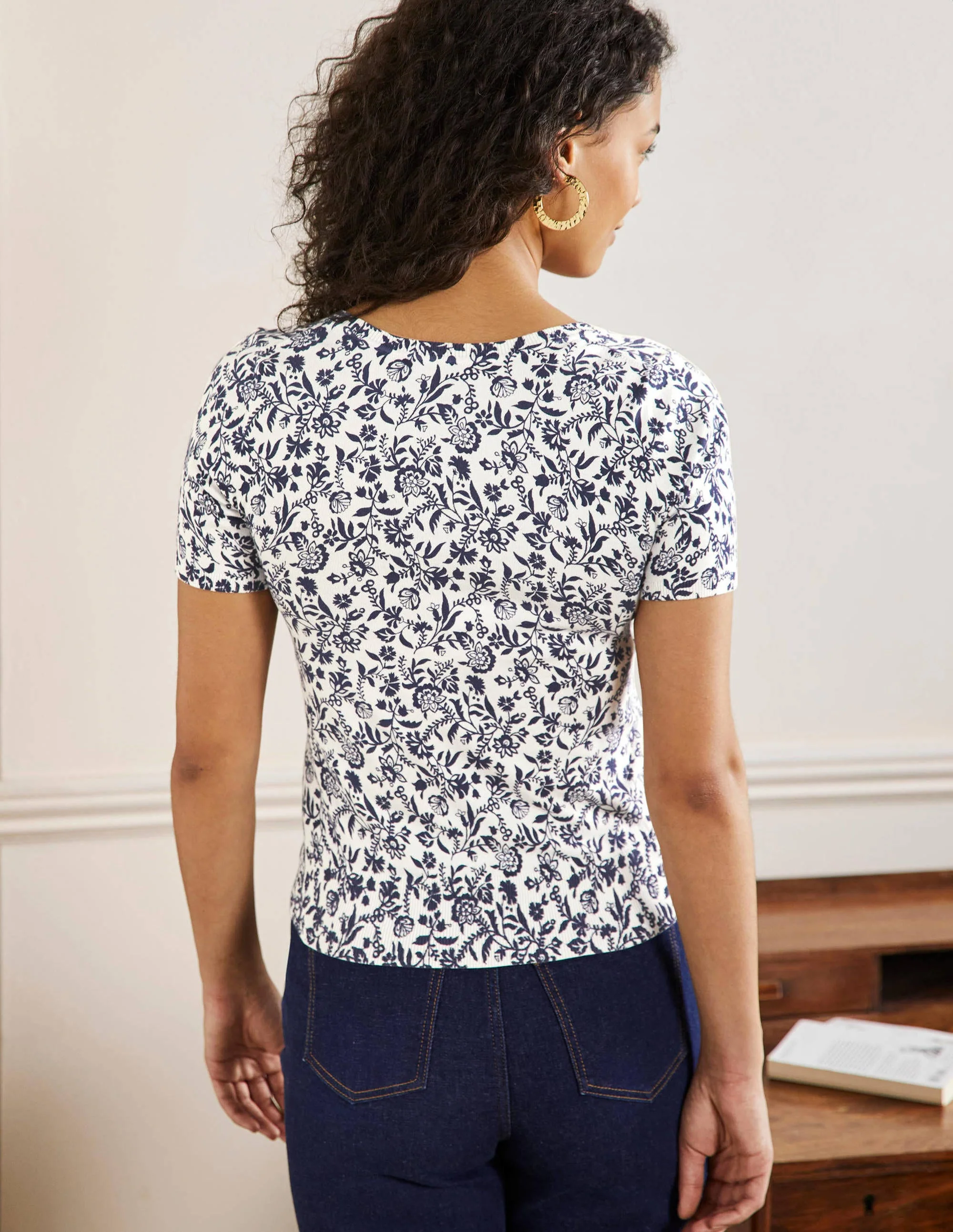 Printed Scoop Knitted T-Shirt-French Navy, Flora Charm - Image 3