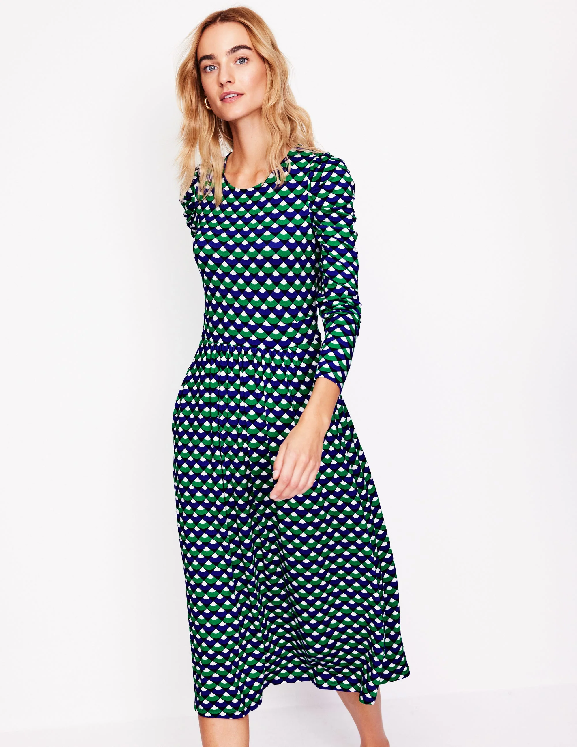 Puff Sleeve Blouson Dress-Rich Emerald, Arc Segment - Image 4