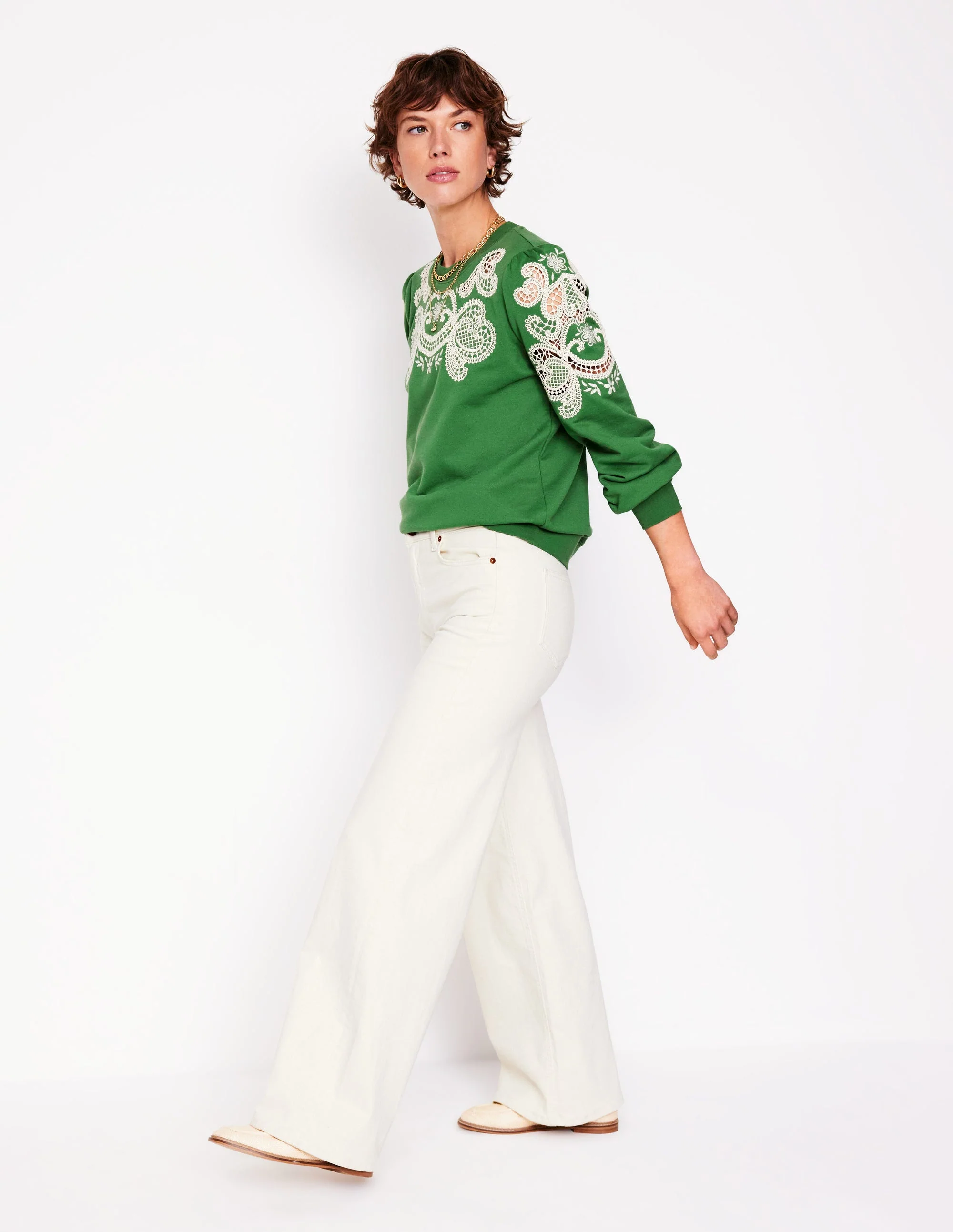 Puff Sleeve Cutwork Sweatshirt-Paradise Green