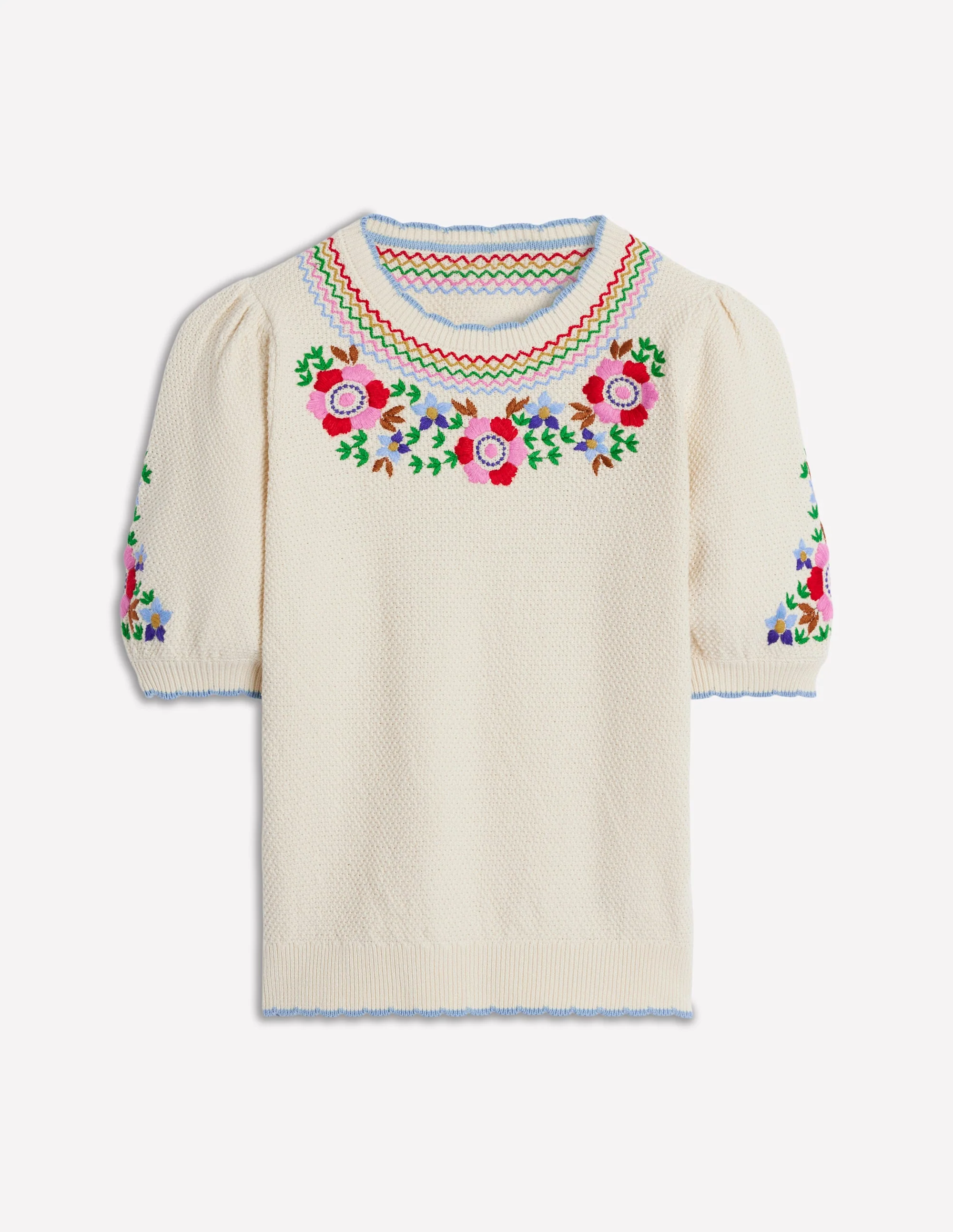 Puff Sleeve Embroidery T-shirt-Warm Ivory - Image 7