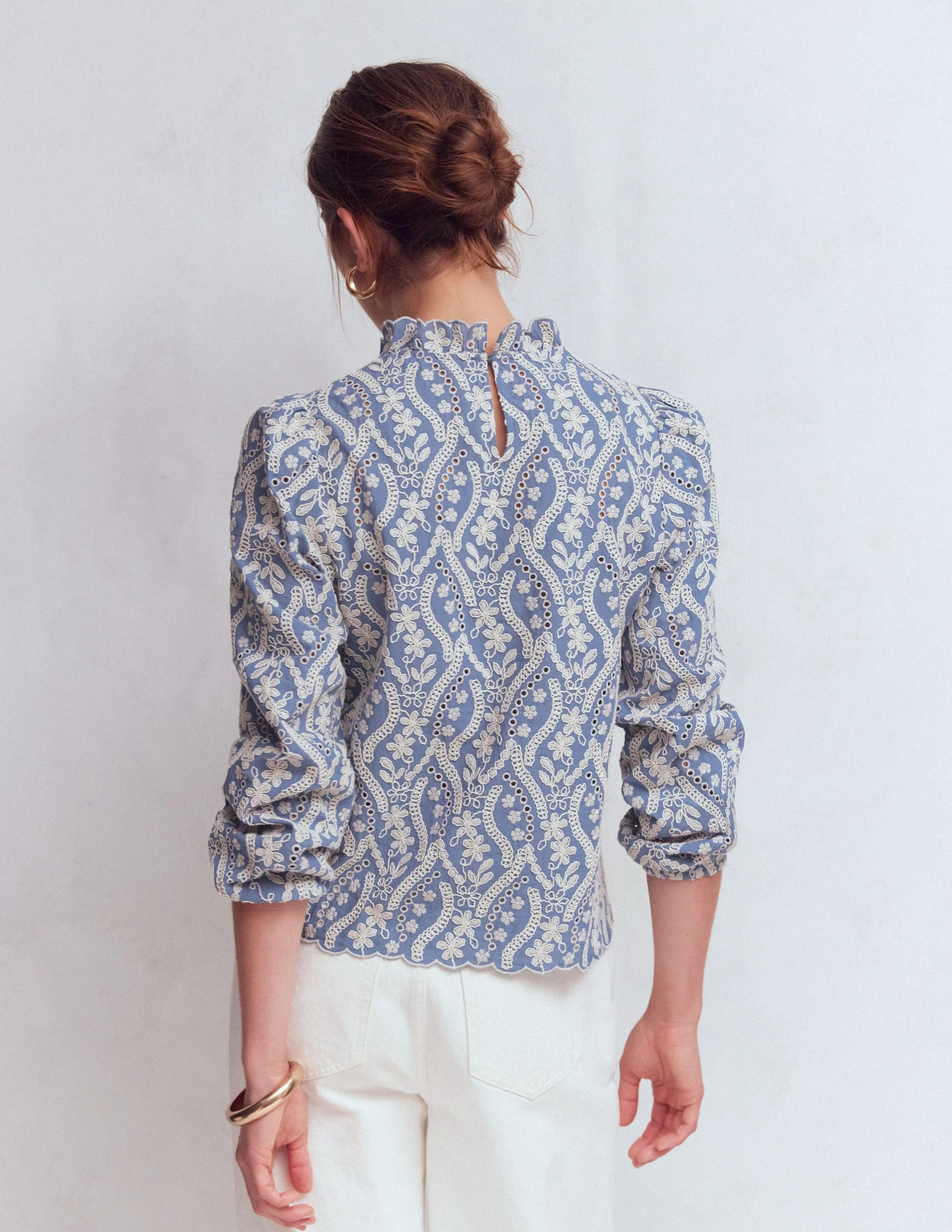 Puff Sleeve Interest Top-Blue and Ivory Broderie - Image 3
