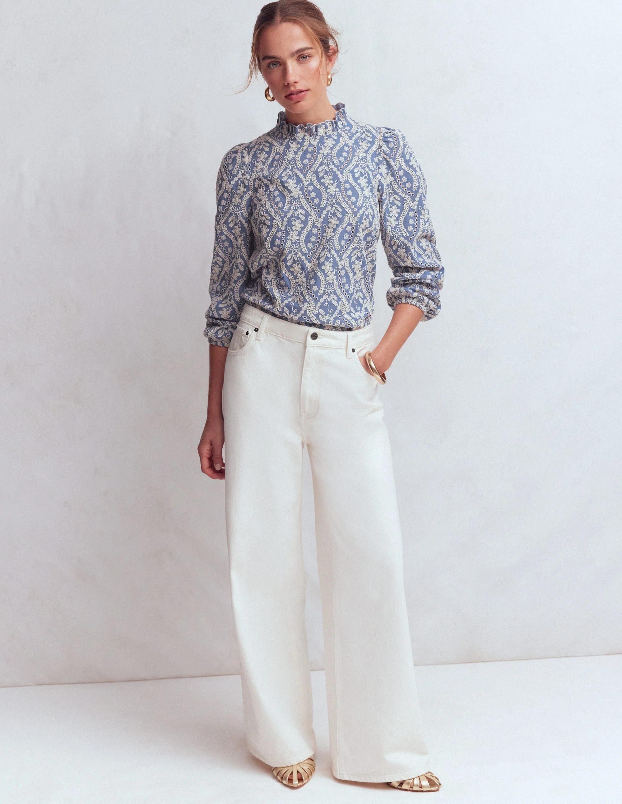 Puff Sleeve Interest Top-Blue and Ivory Broderie - Image 4