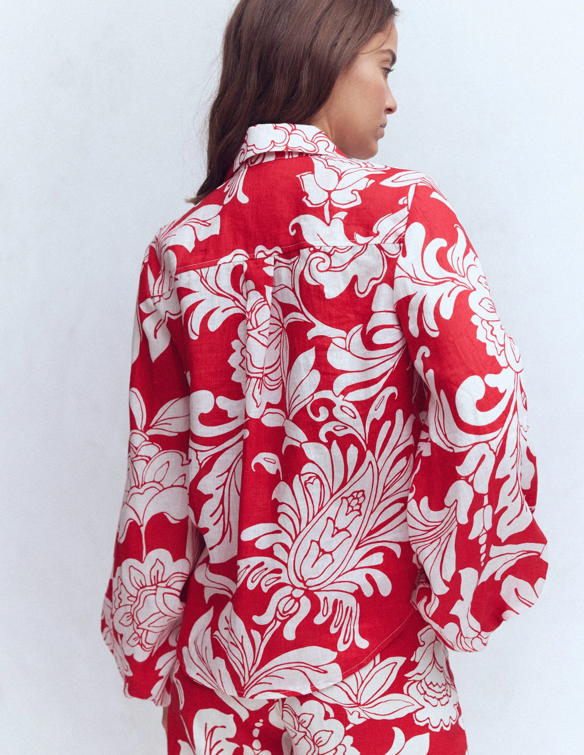 Puff Sleeve Linen Shirt-Merida Red, Botanical Flourish - Image 3