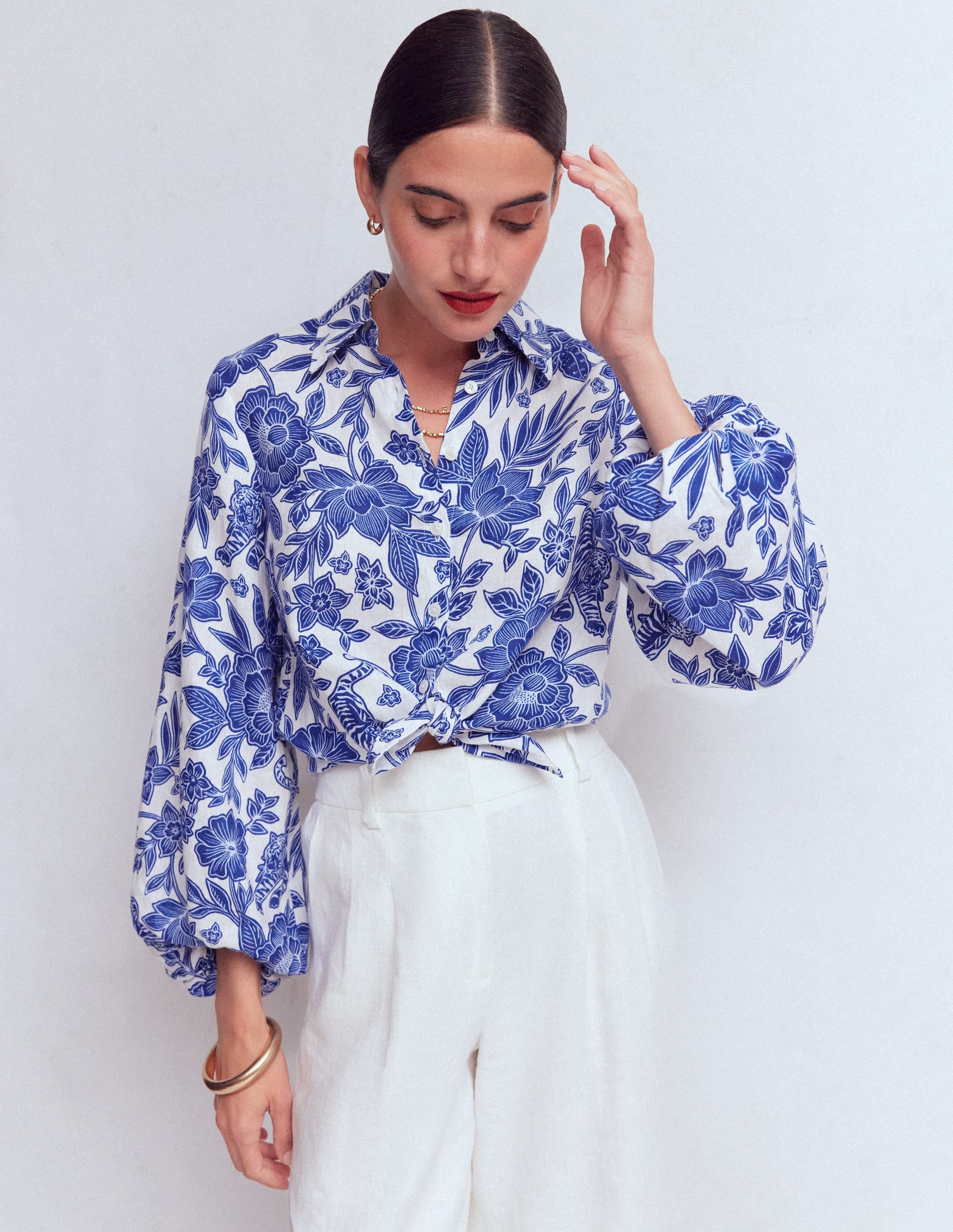 Puff Sleeve Linen Shirt-Sapphire Blue, Tigers Paradise - Image 6