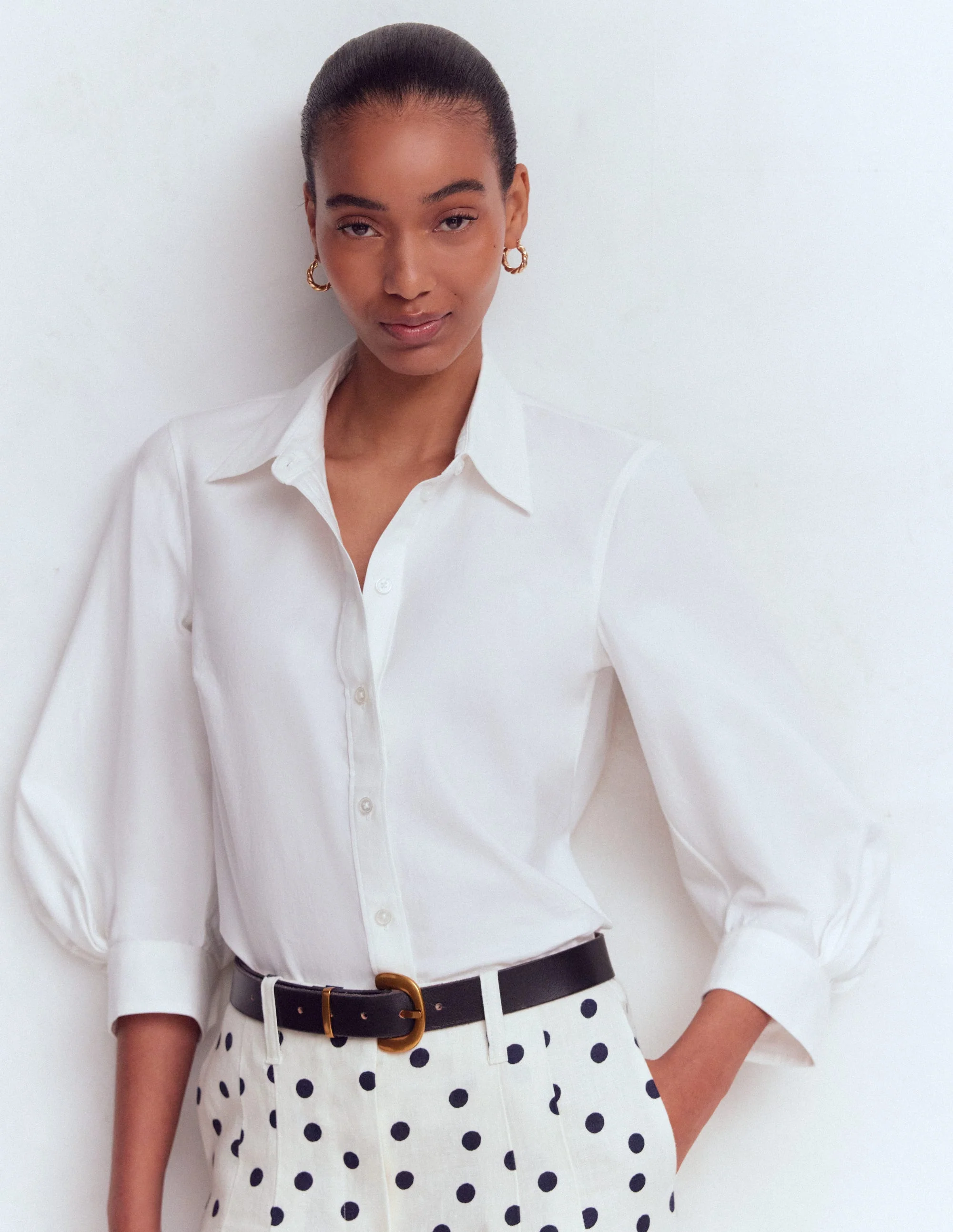 Puff Sleeve Oxford Shirt-White