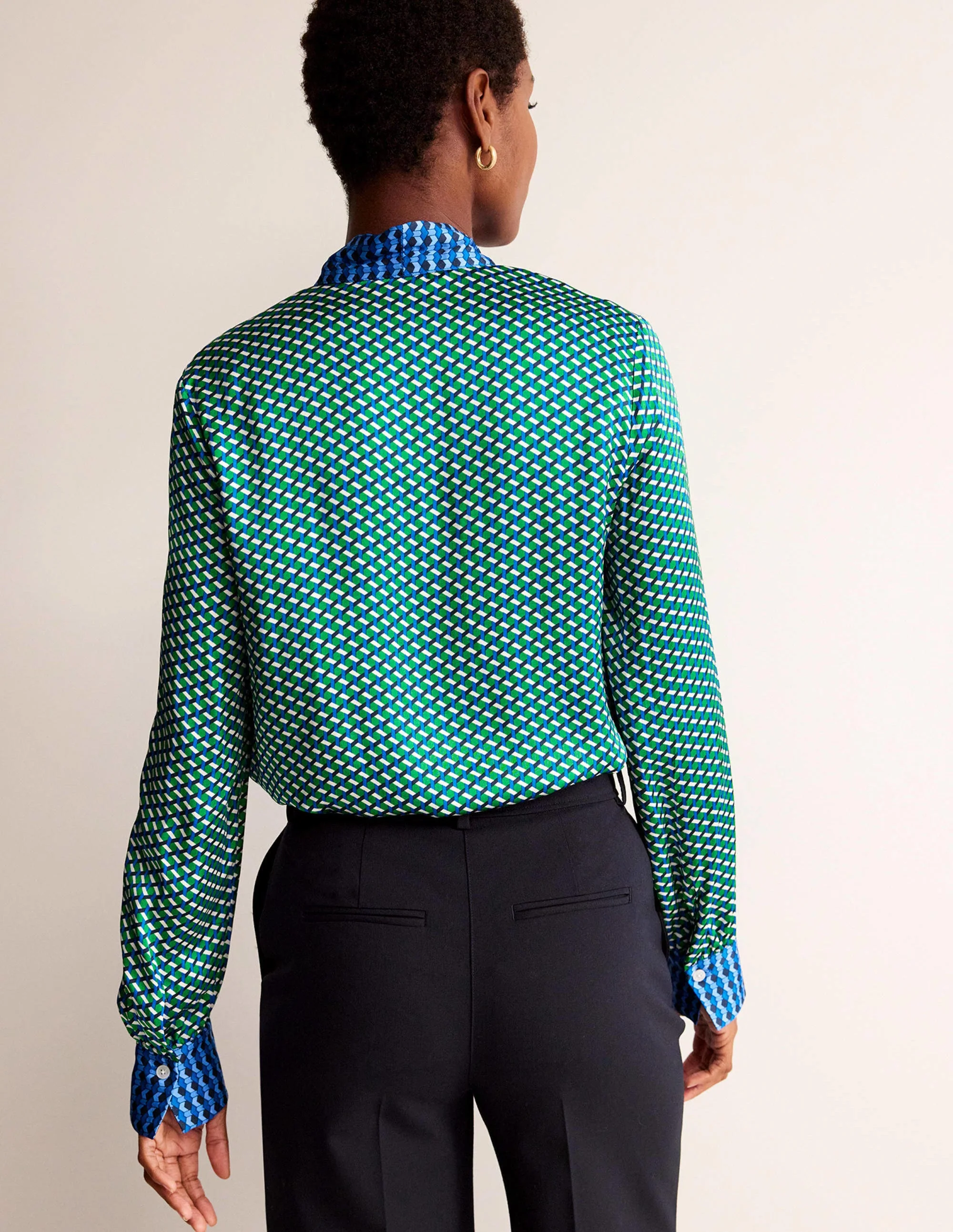 Pussy-Bow Satin Blouse-Bright Green, Geo Daze - Image 3