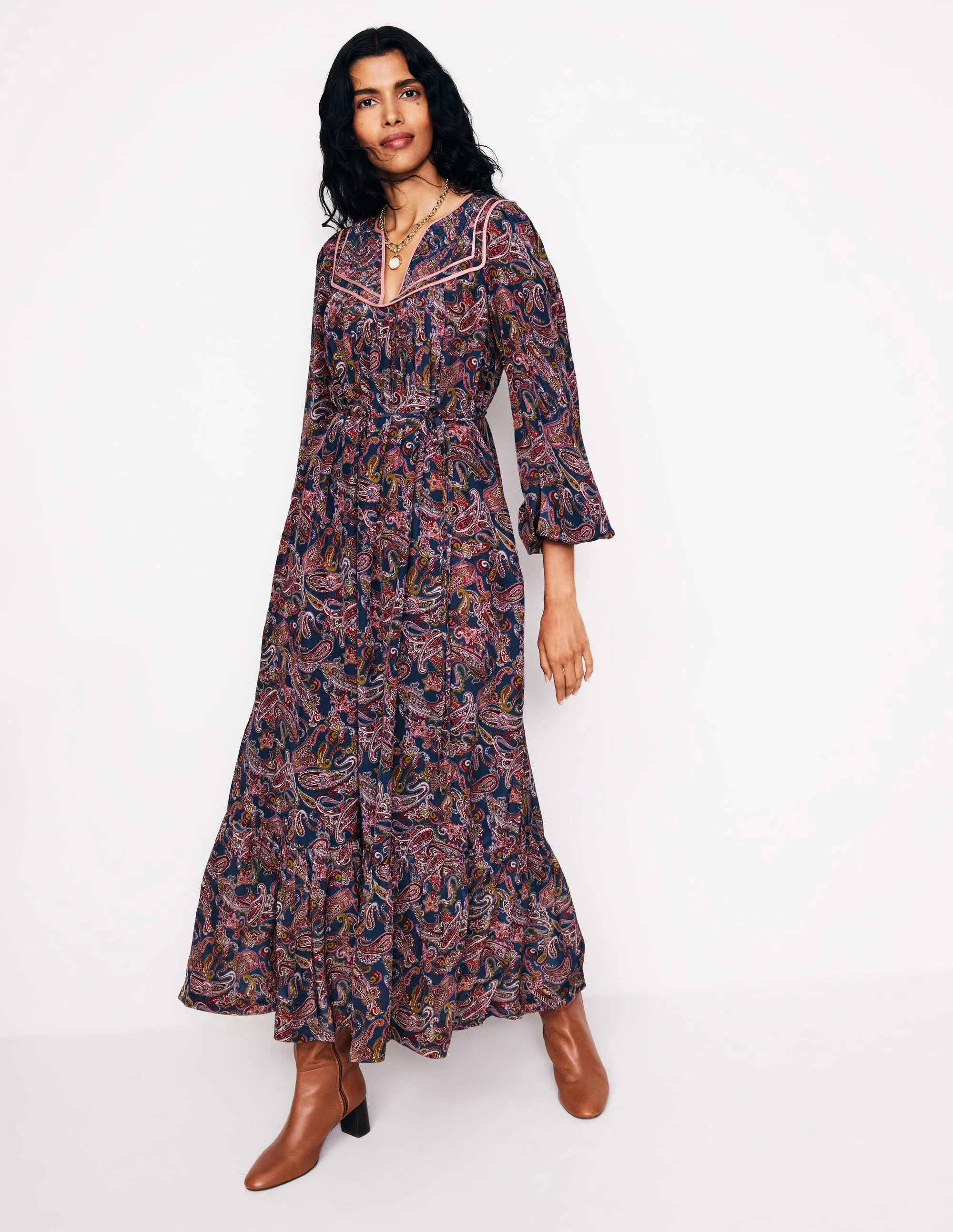 Quilted Yoke Maxi Dress-True Navy, Opulent Paisley - Image 2