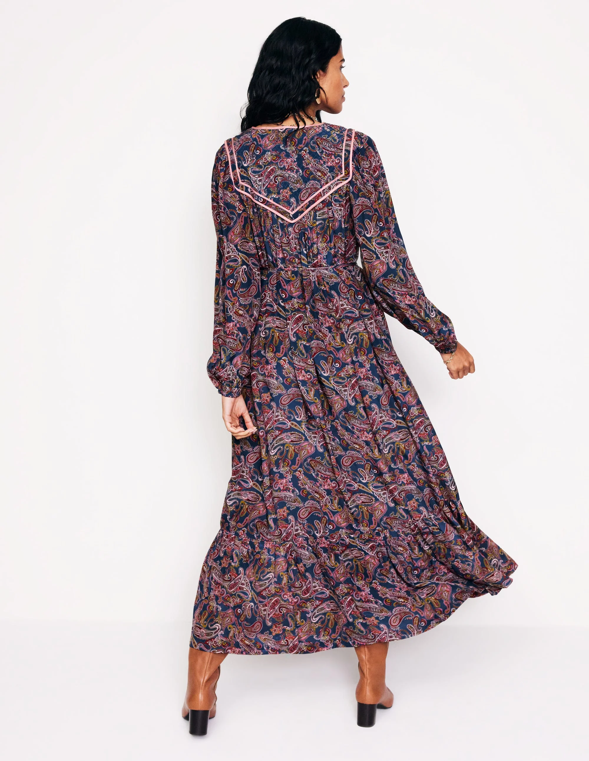 Quilted Yoke Maxi Dress-True Navy, Opulent Paisley - Image 4