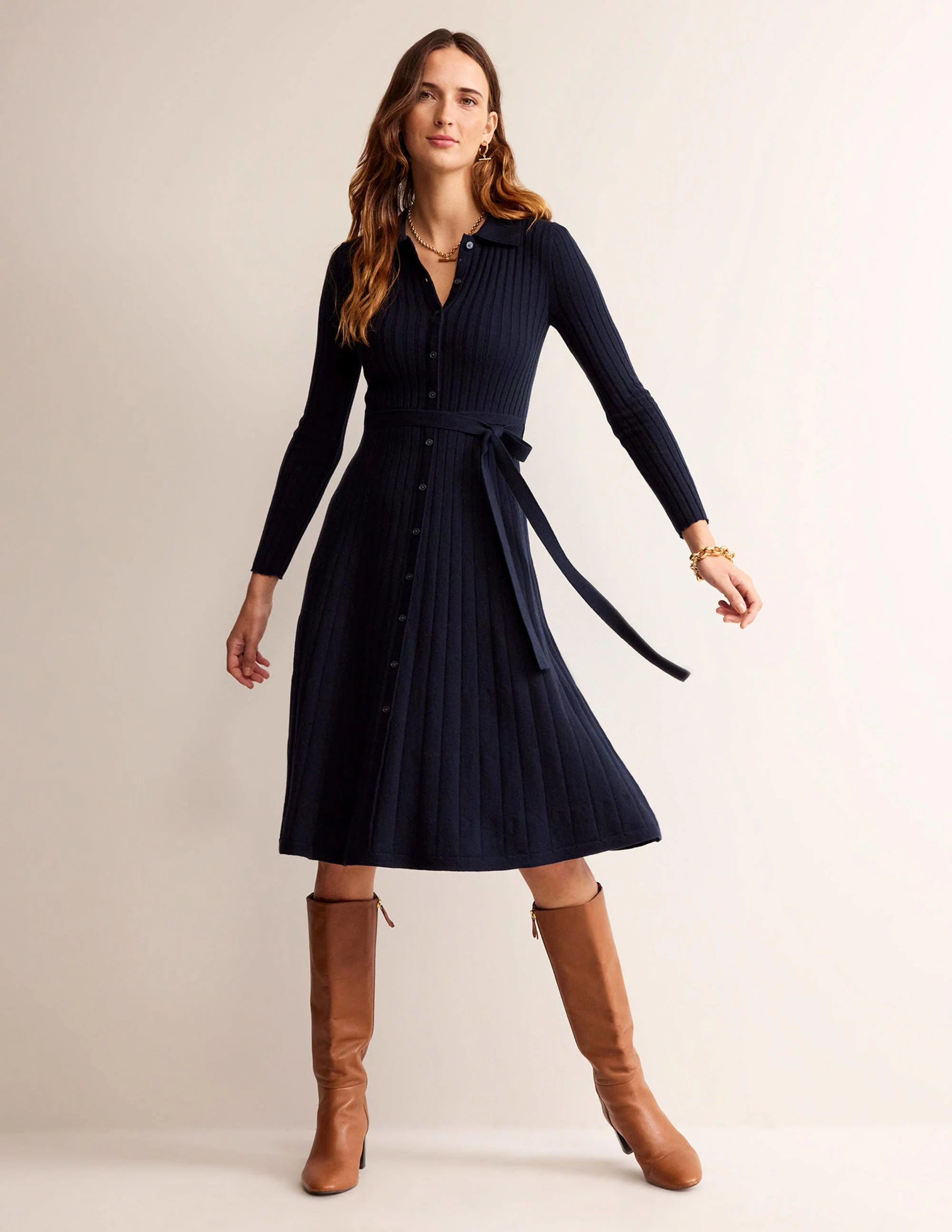 Rachel Knitted Shirt Dress-Dark Blue