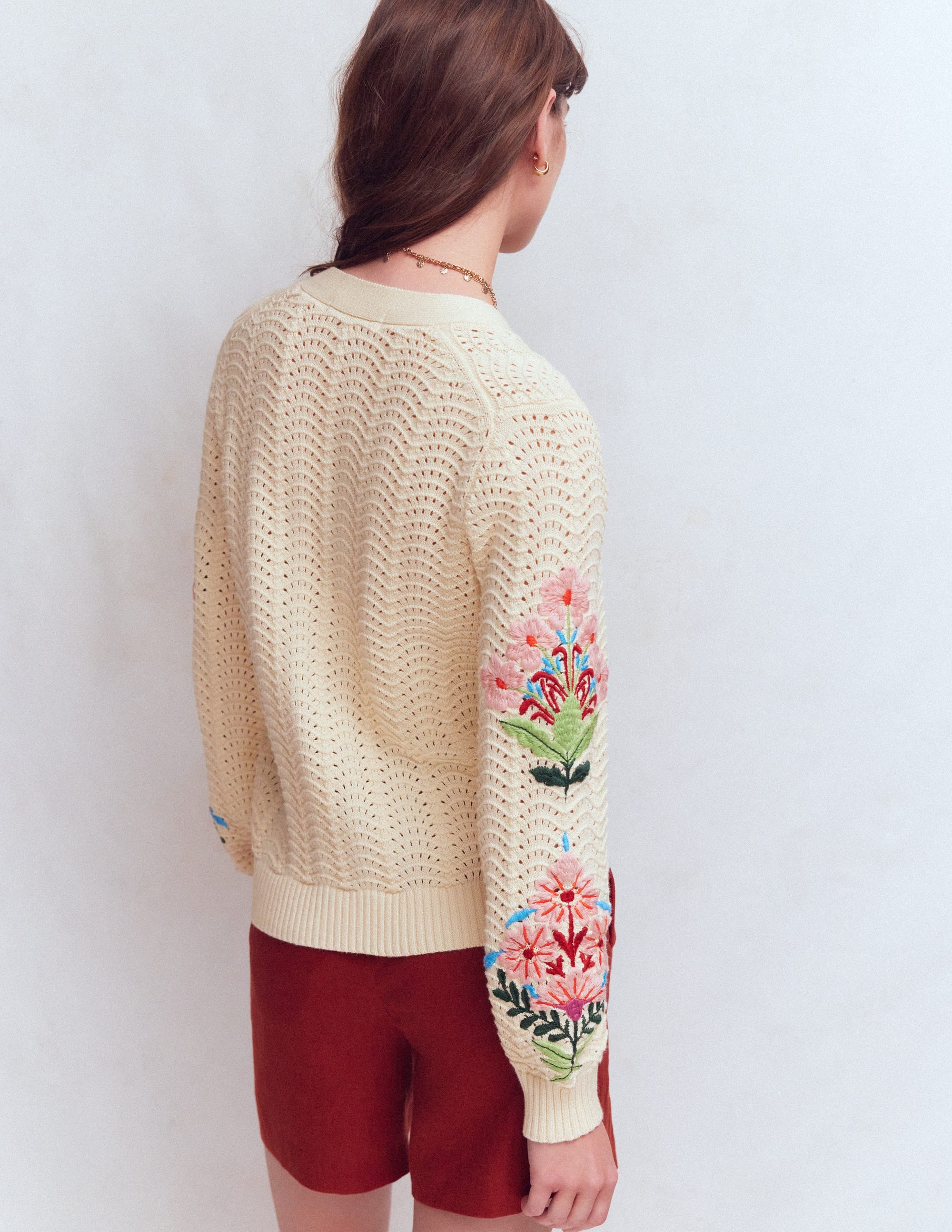 Relaxed Cotton Stitch Cardigan-Ivory, Embroidery - Image 4