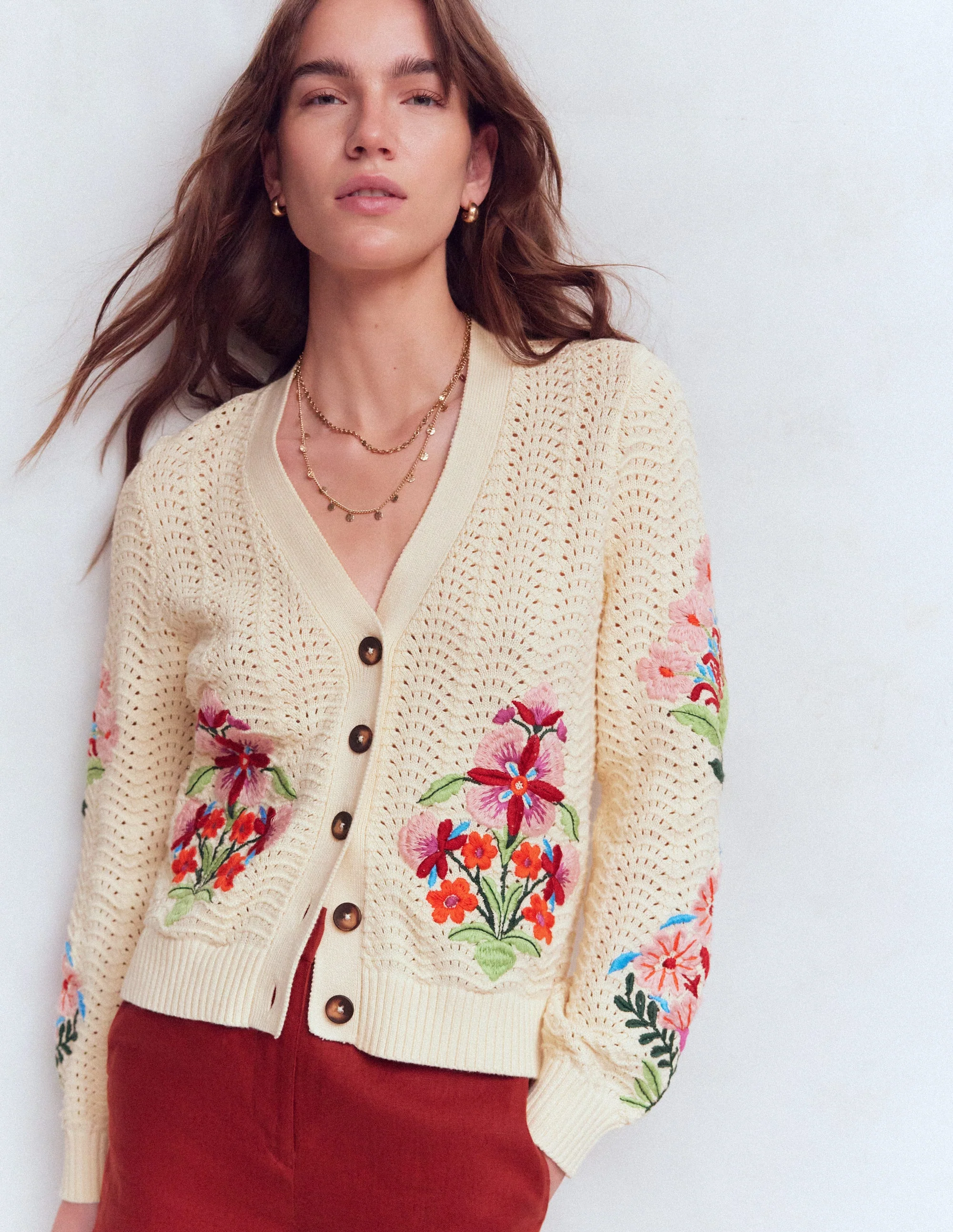 Relaxed Cotton Stitch Cardigan-Ivory, Embroidery - Image 5