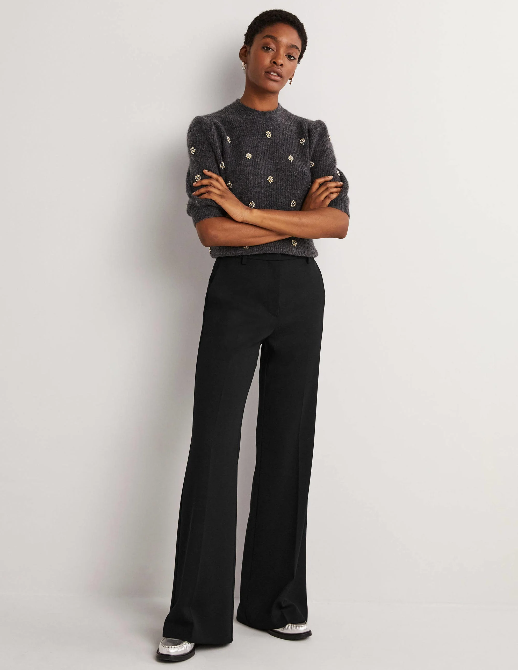 Relaxed Flare Wool Pants-Black