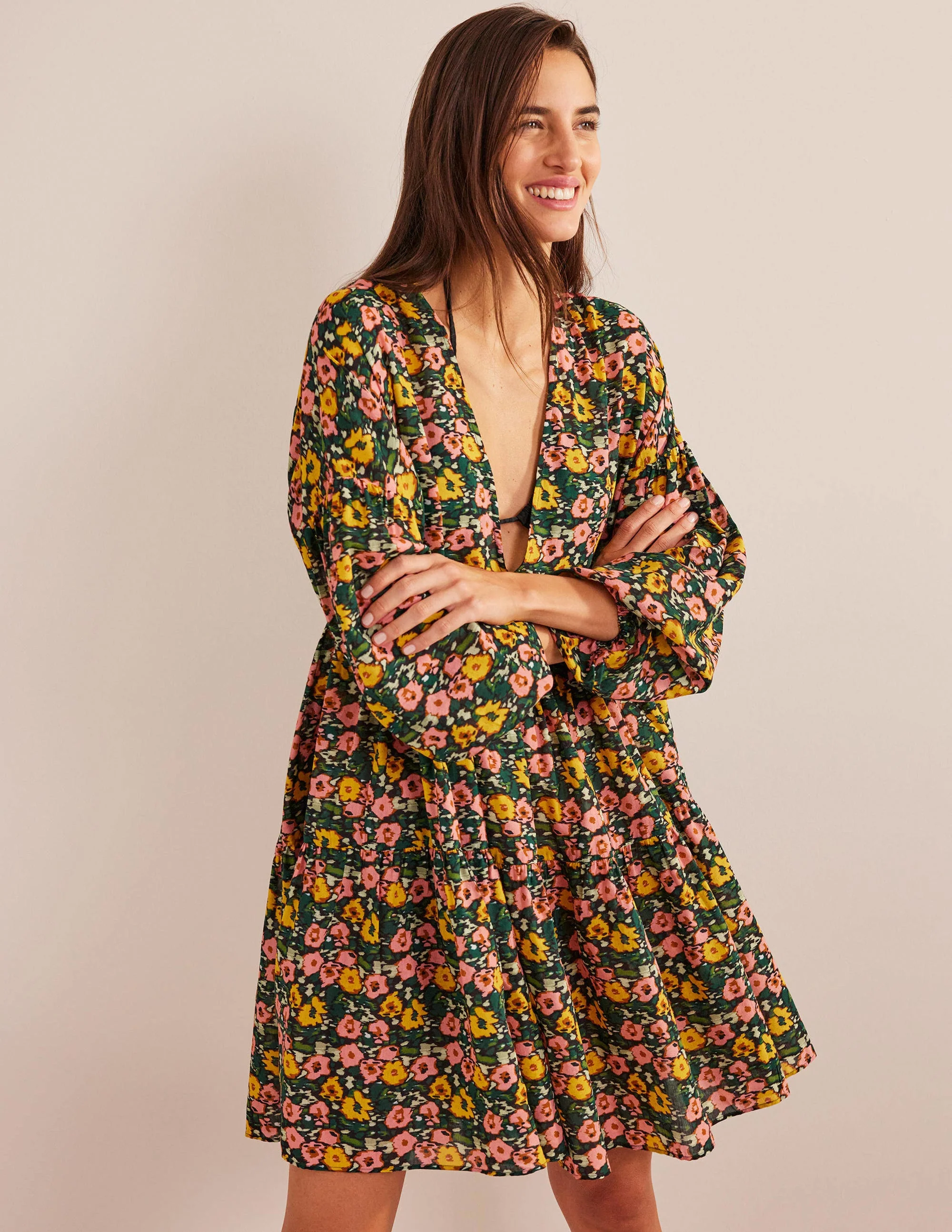Relaxed Tiered Beach Dress-Emerald Night, Abstract Poppy - Image 4