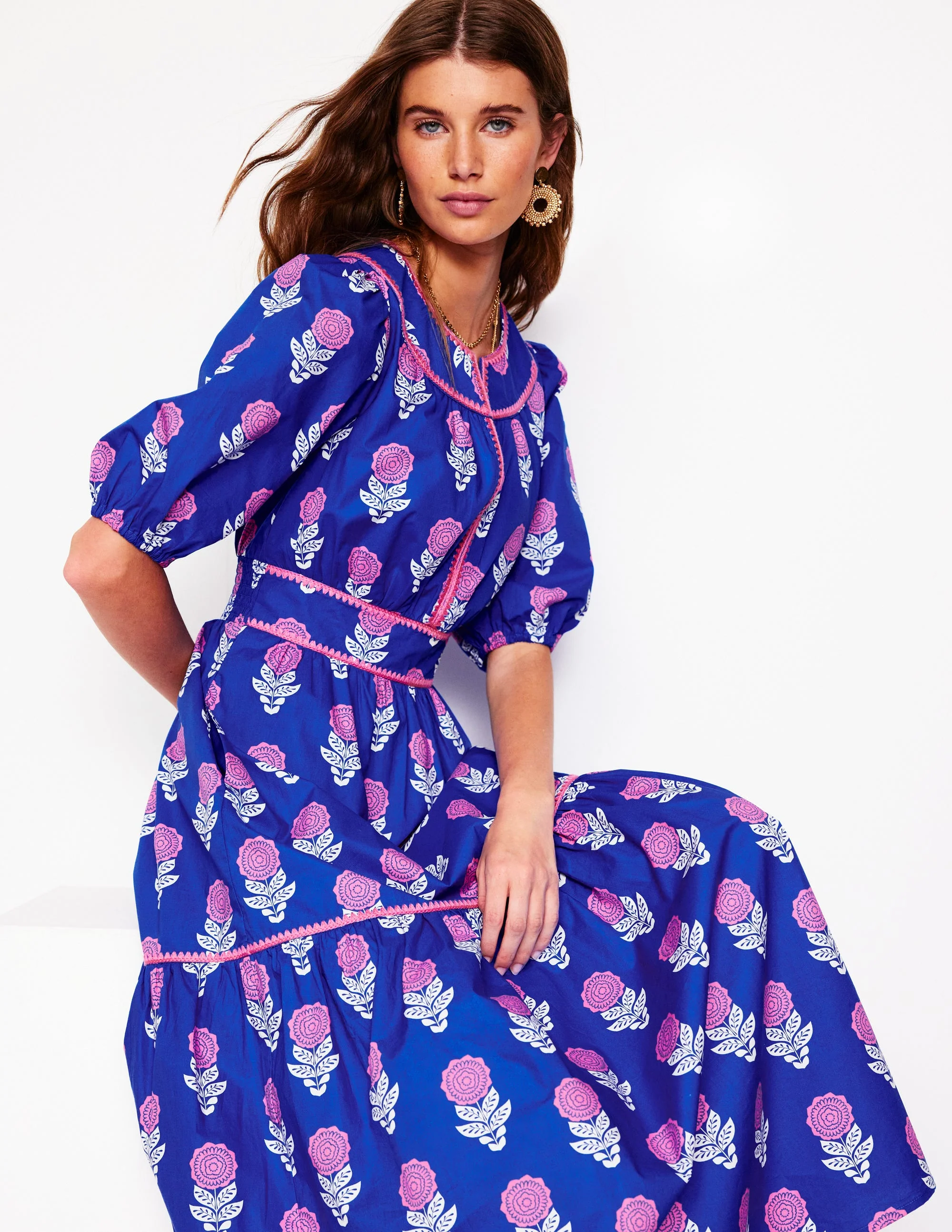 Rhea Embroidered Midi Dress-Gallery Blue, Dahlia Sprig