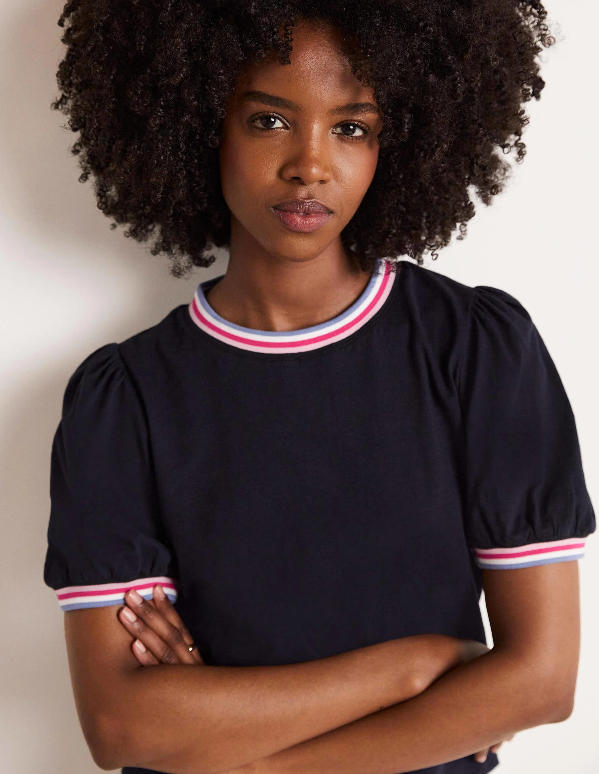 Rib Trim Blouson Top-Navy - Image 10