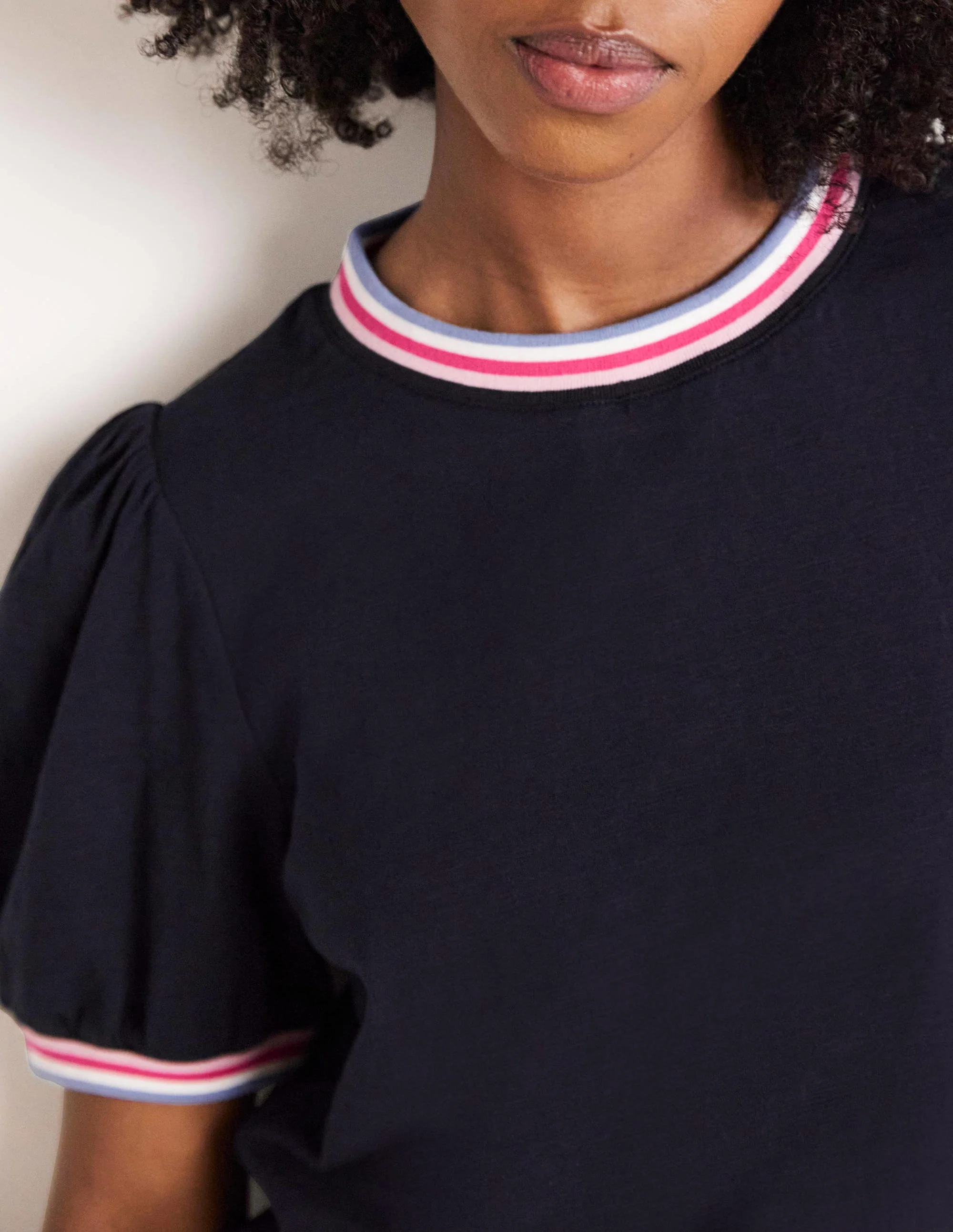 Rib Trim Blouson Top-Navy - Image 7