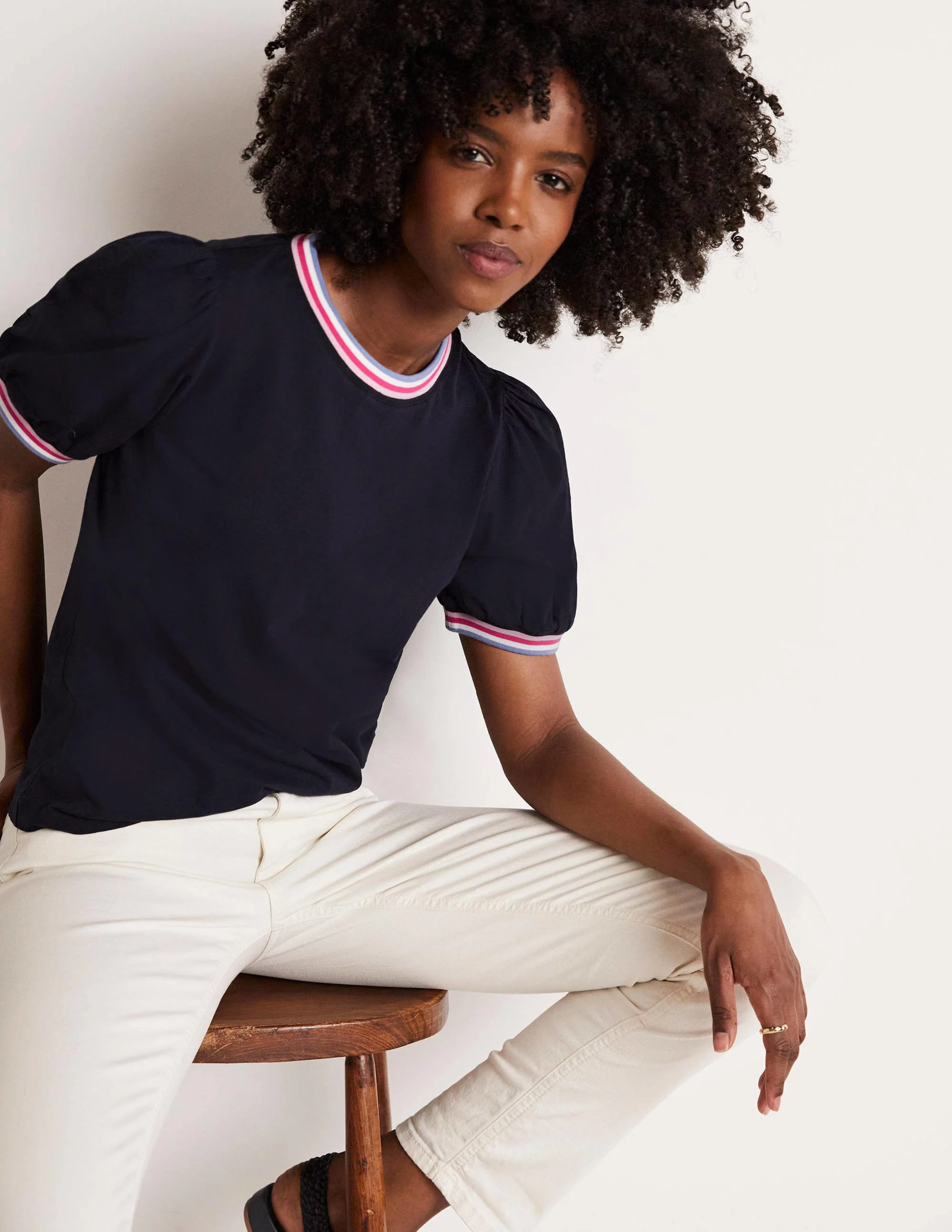 Rib Trim Blouson Top-Navy - Image 9
