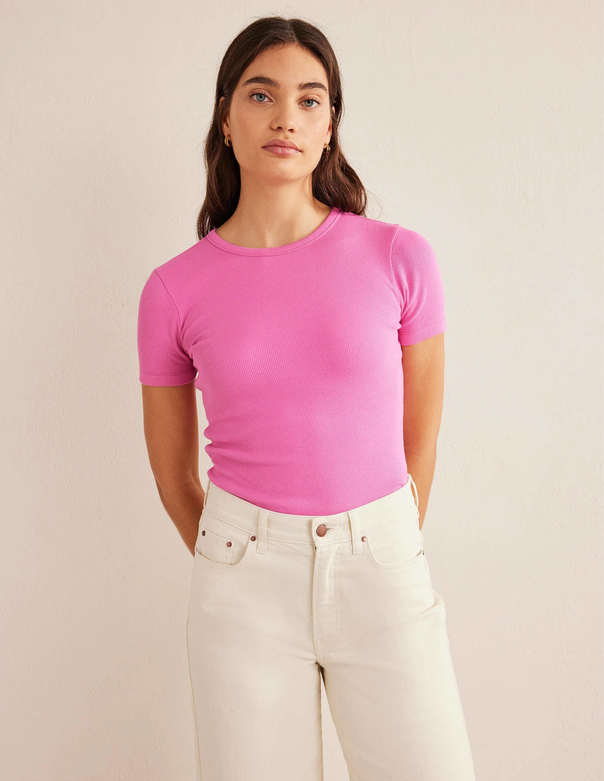Ribbed Crew Neck T-shirt-Plum Blossom