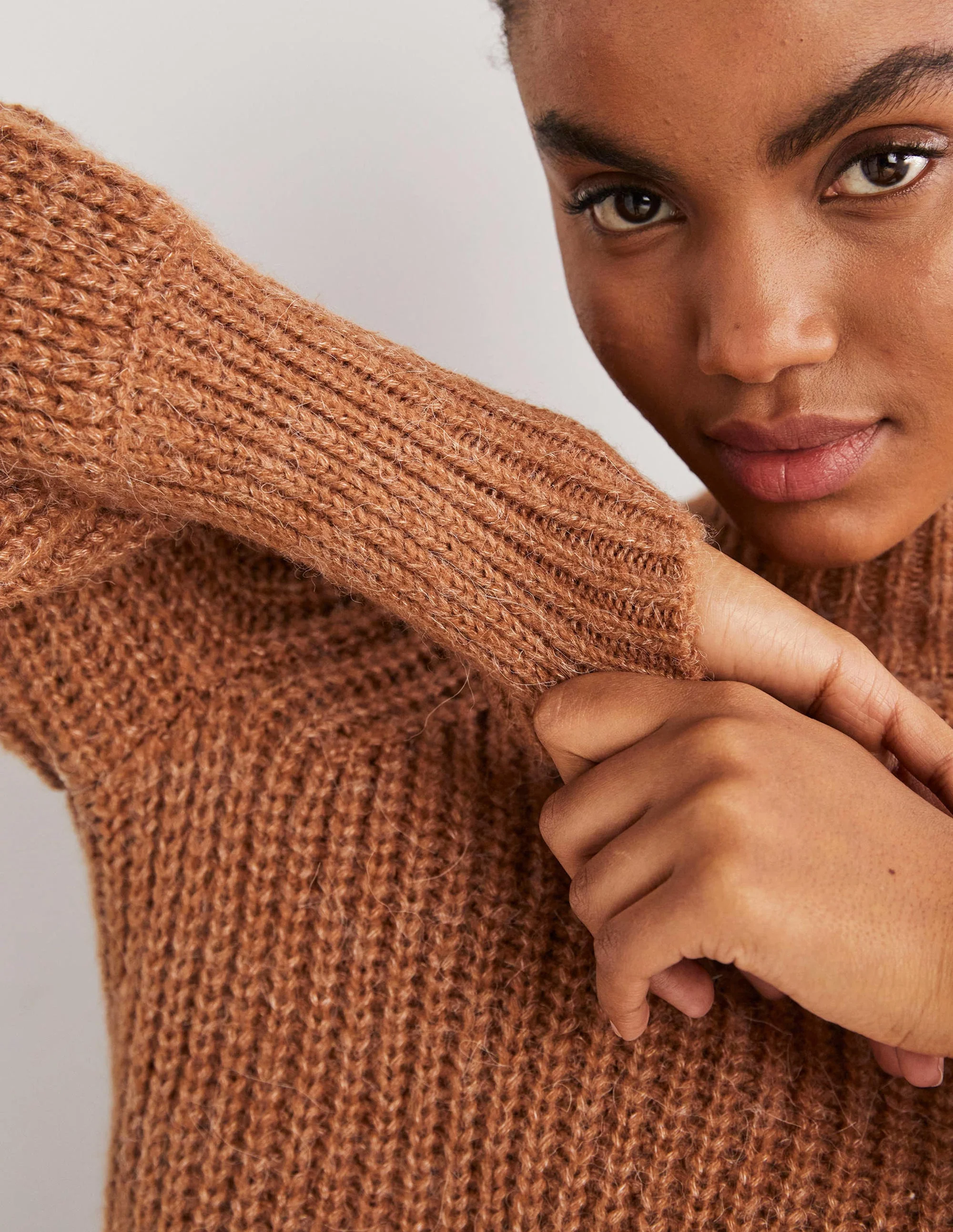 Ribbed Fluffy High Neck Jumper-Butterscotch Brown Melange - Image 2