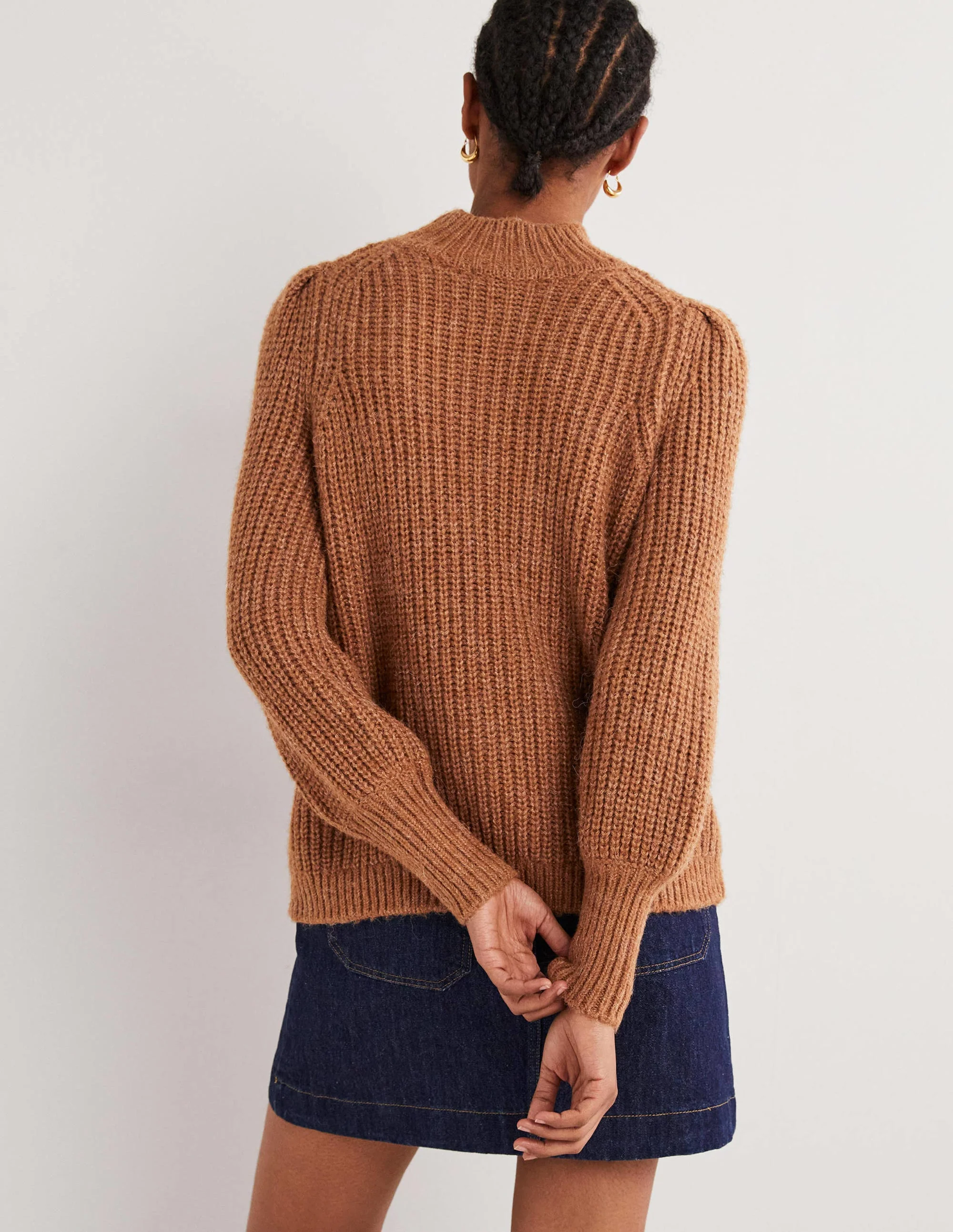 Ribbed Fluffy High Neck Jumper-Butterscotch Brown Melange - Image 3