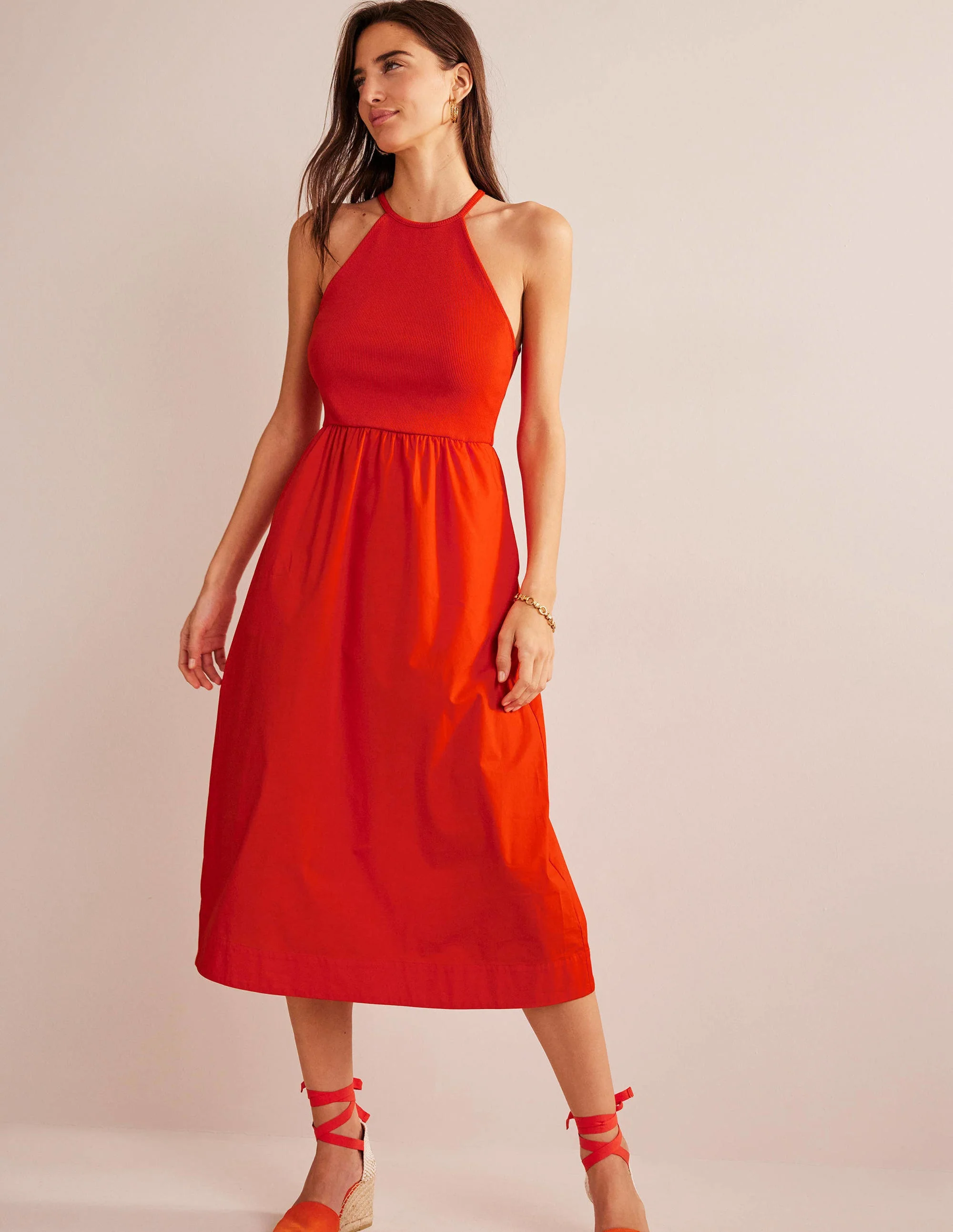 Ribbed Halterneck Midi Dress-Blood Orange - Image 2