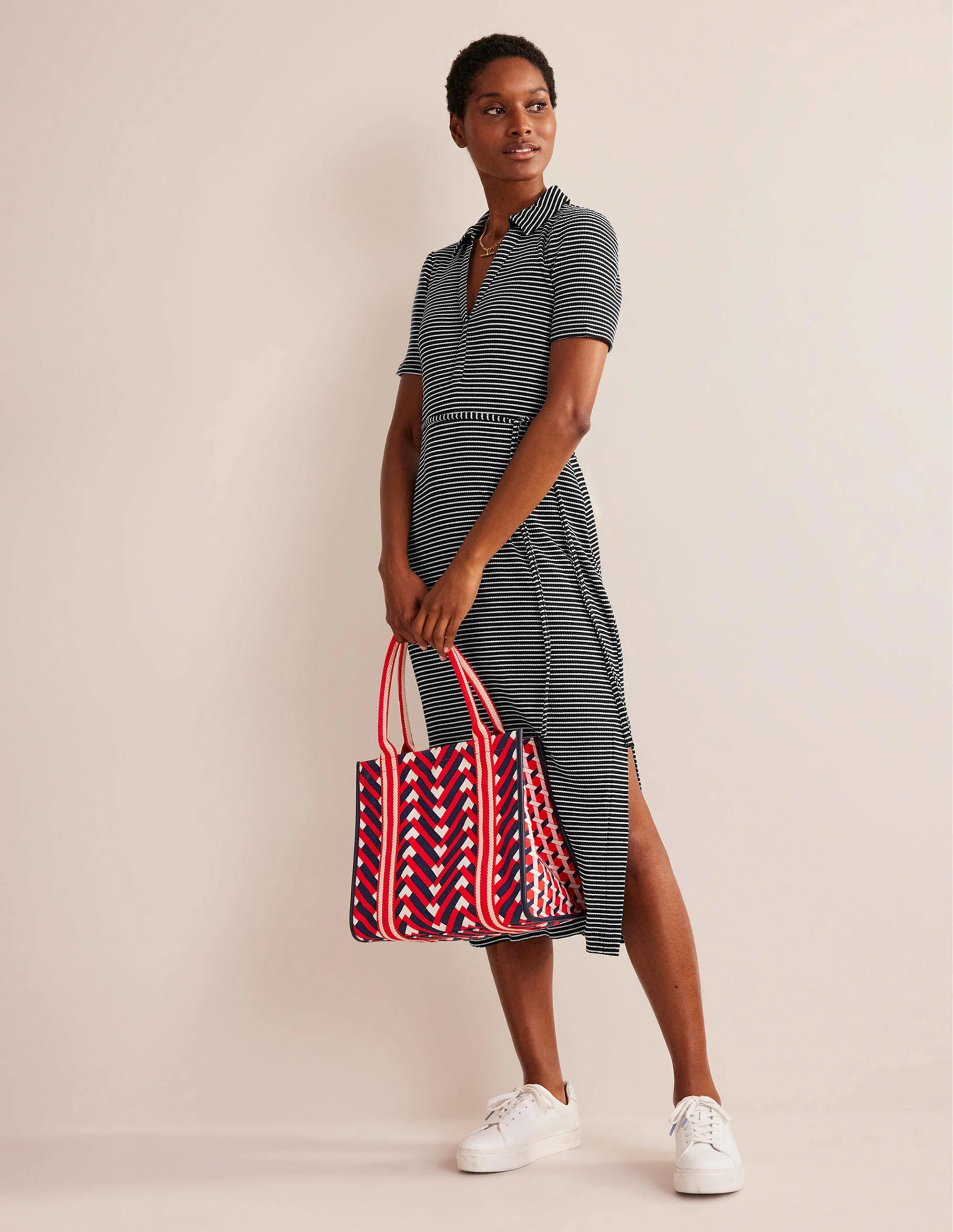 Ribbed-Jersey Midi Shirt Dress-Black, Ivory Stripe - Image 5