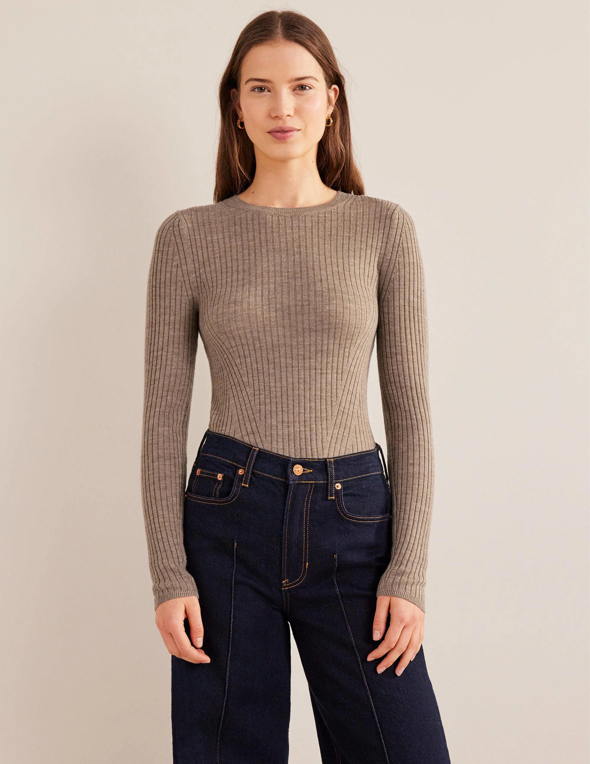 Ribbed Merino Jumper-Dark Mink Melange