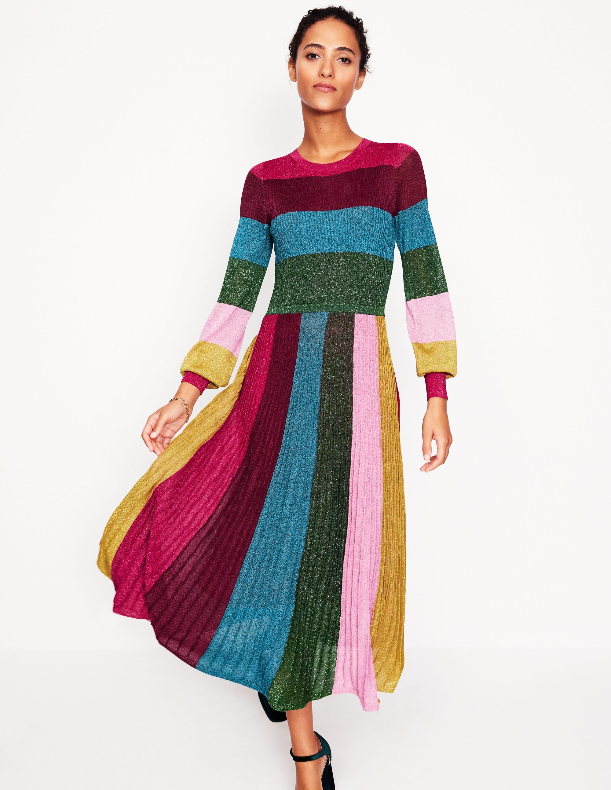 Ribbed Metallic Party Dress-Metallic Pannelled Stripe - Image 4