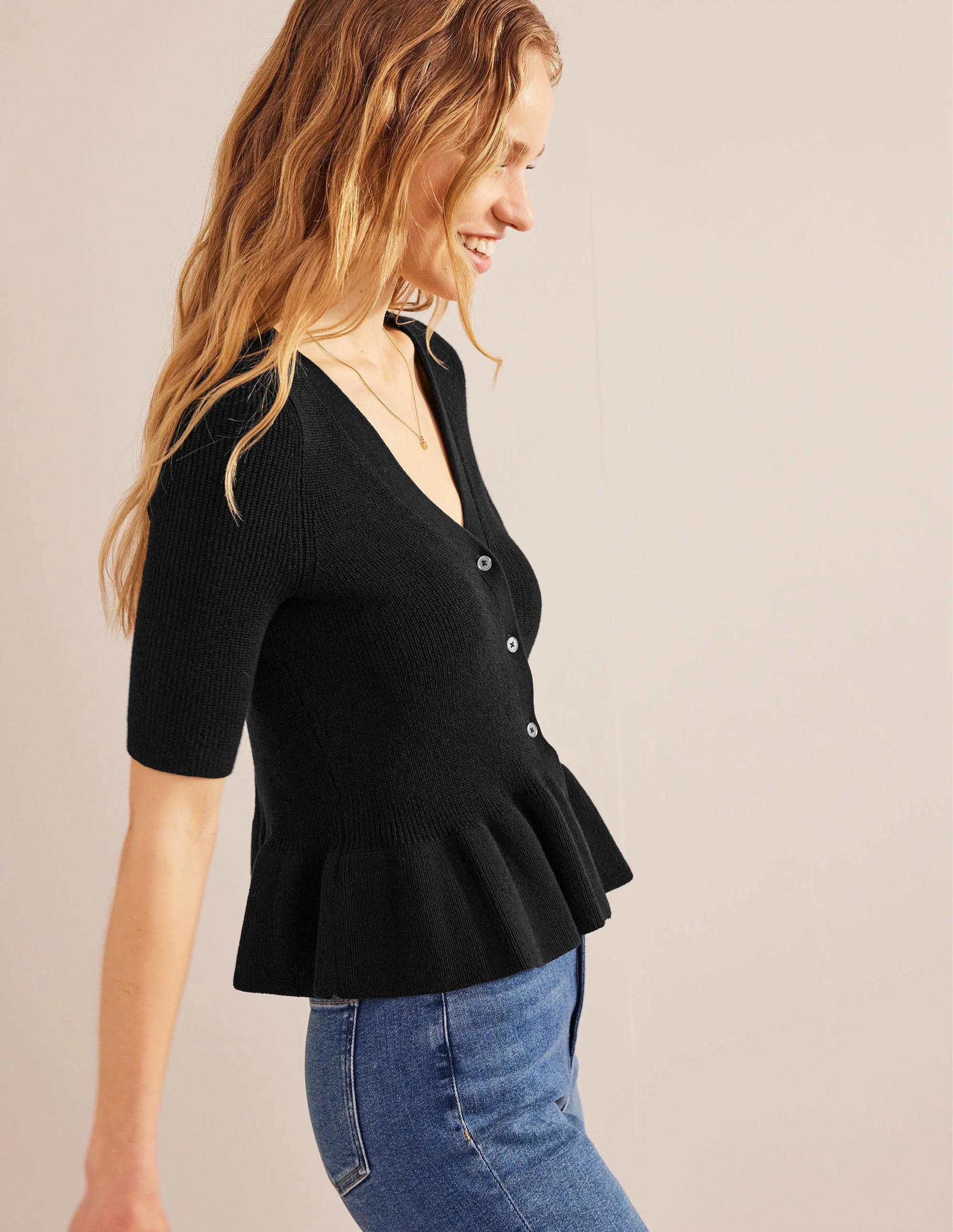 Ribbed Peplum Cardigan-Black - Image 4
