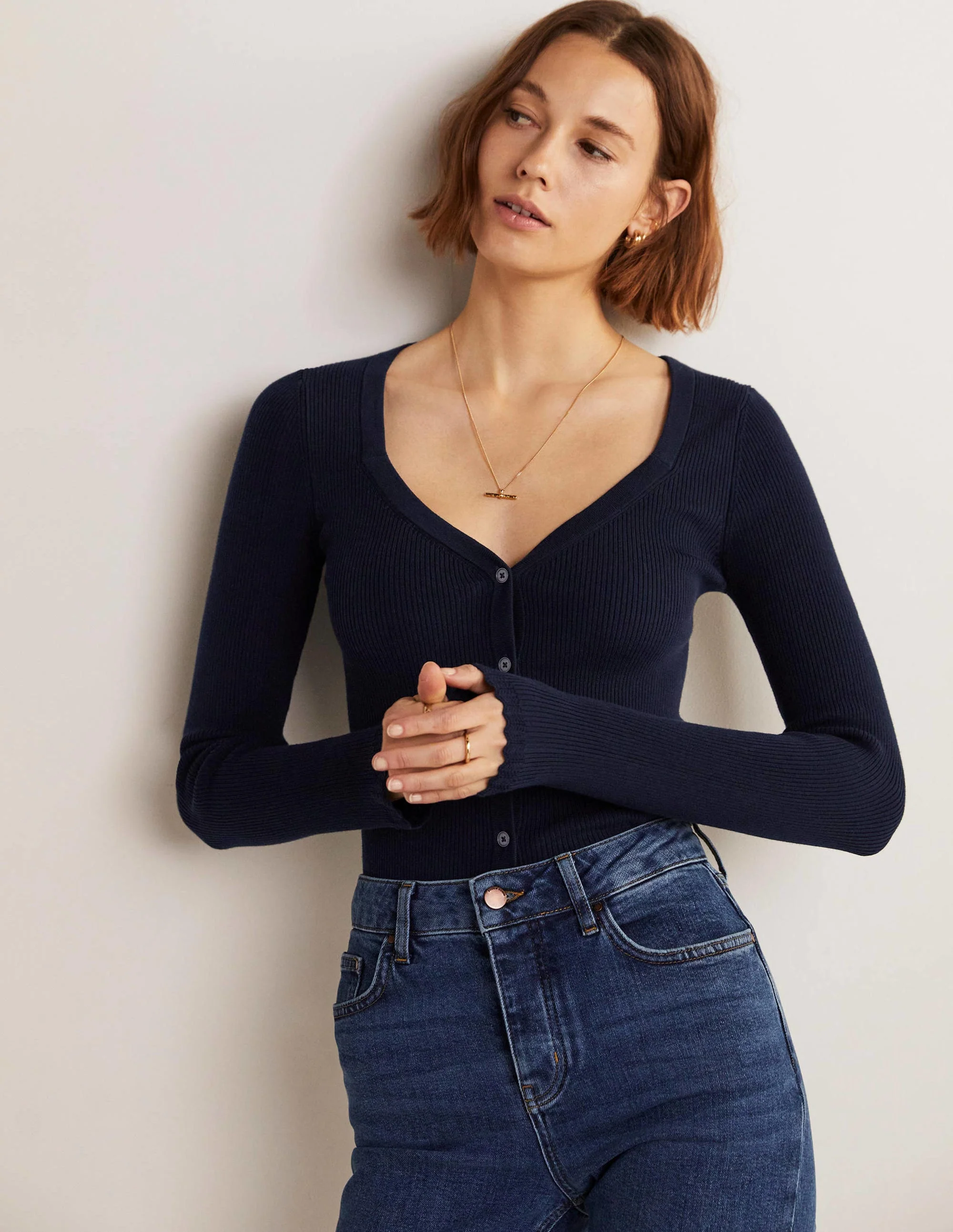 Ribbed Sweetheart Cardigan-Navy - Image 5