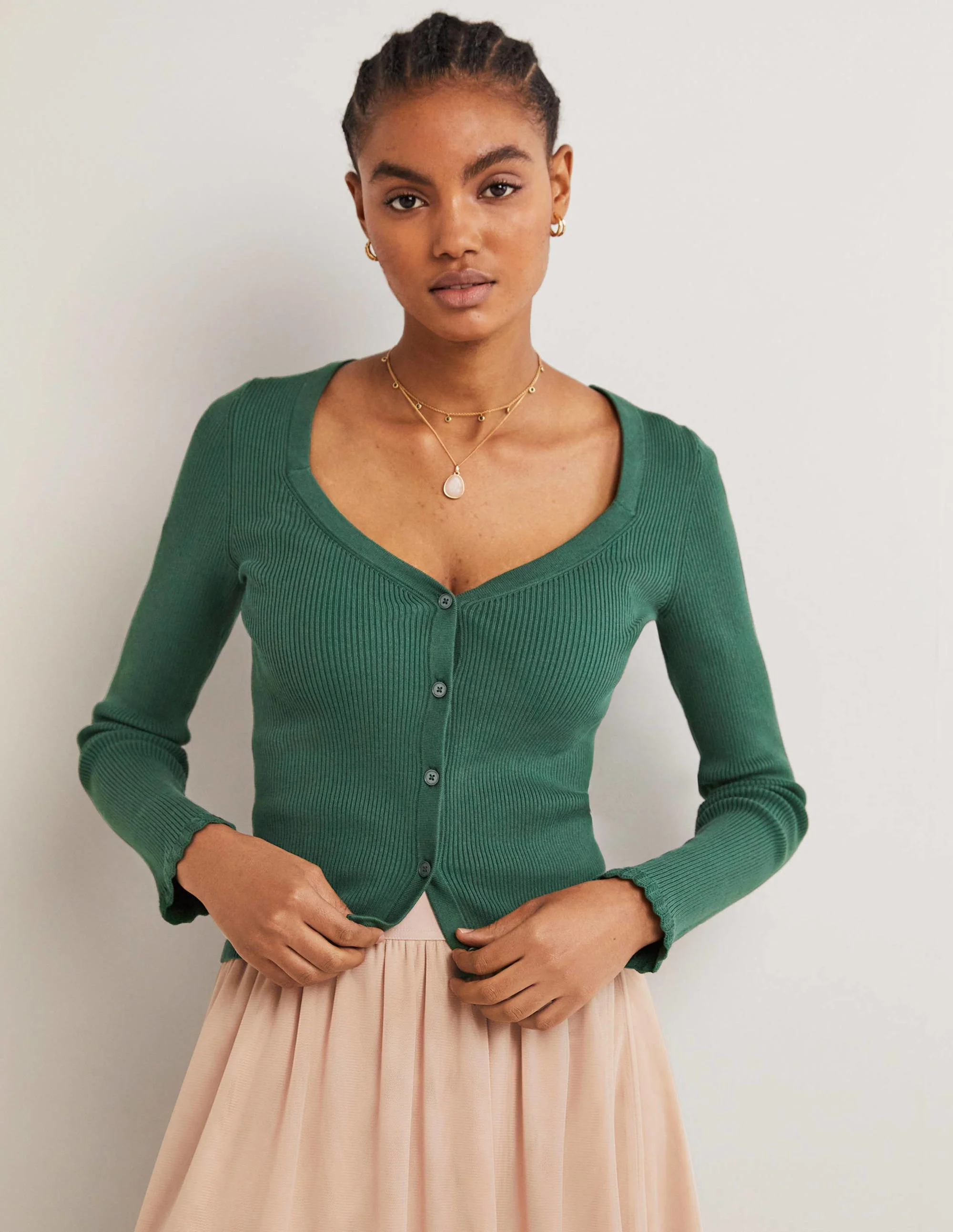 Ribbed Sweetheart Cardigan-Trekking Green - Image 4