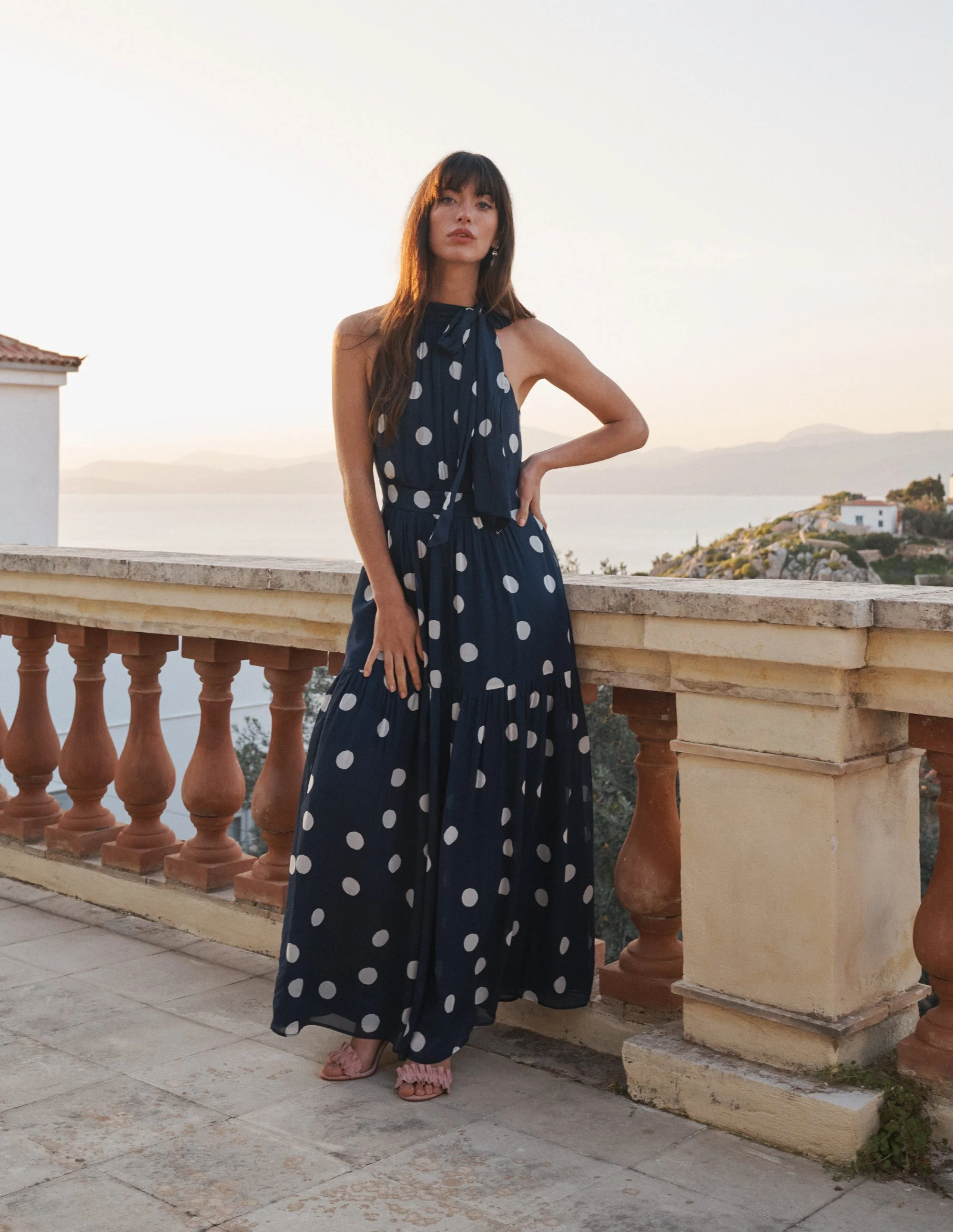 Roisin Tie Neck Maxi Dress-Navy Painted Dot Spaced