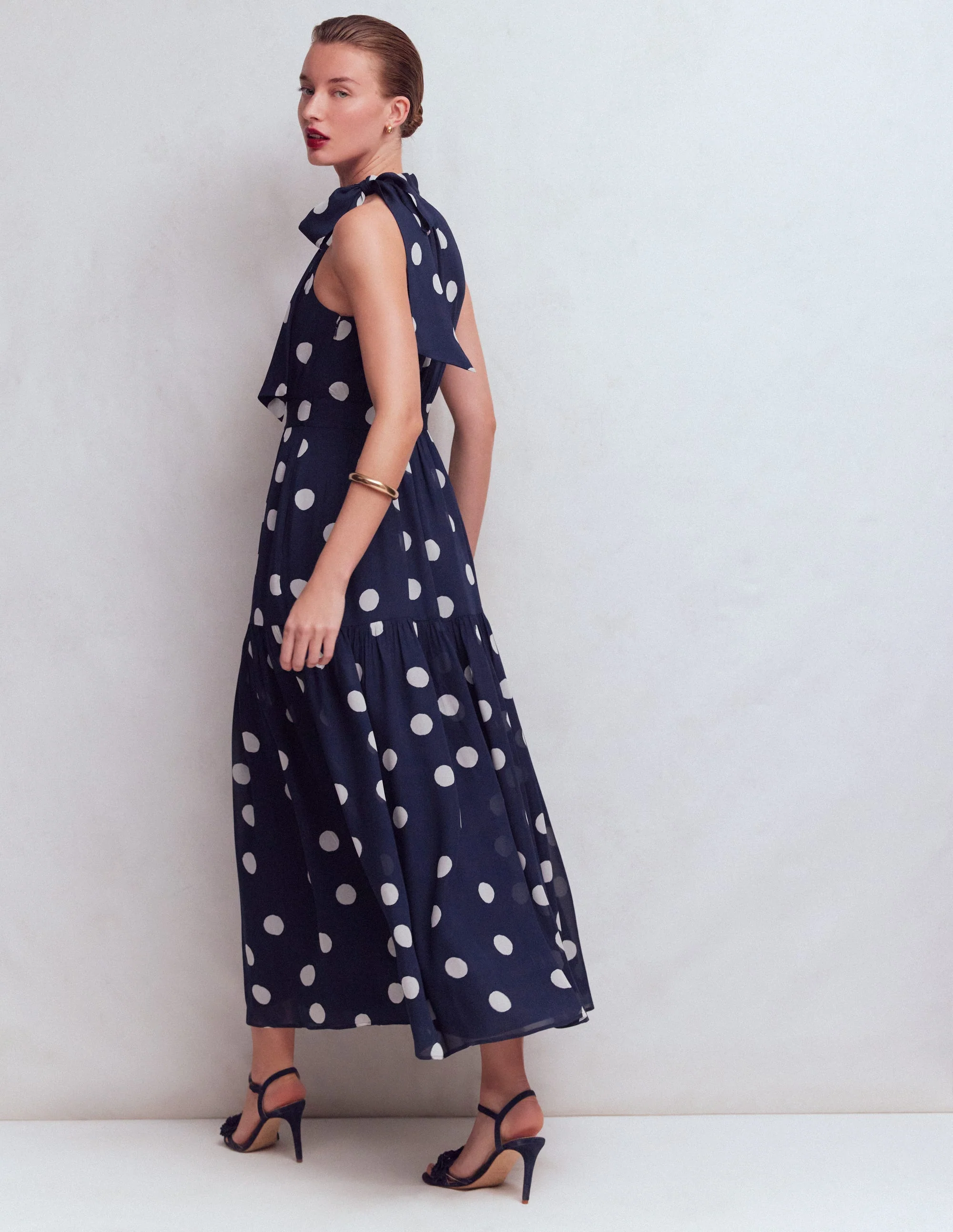 Roisin Tie Neck Maxi Dress-Navy Painted Dot Spaced - Image 4