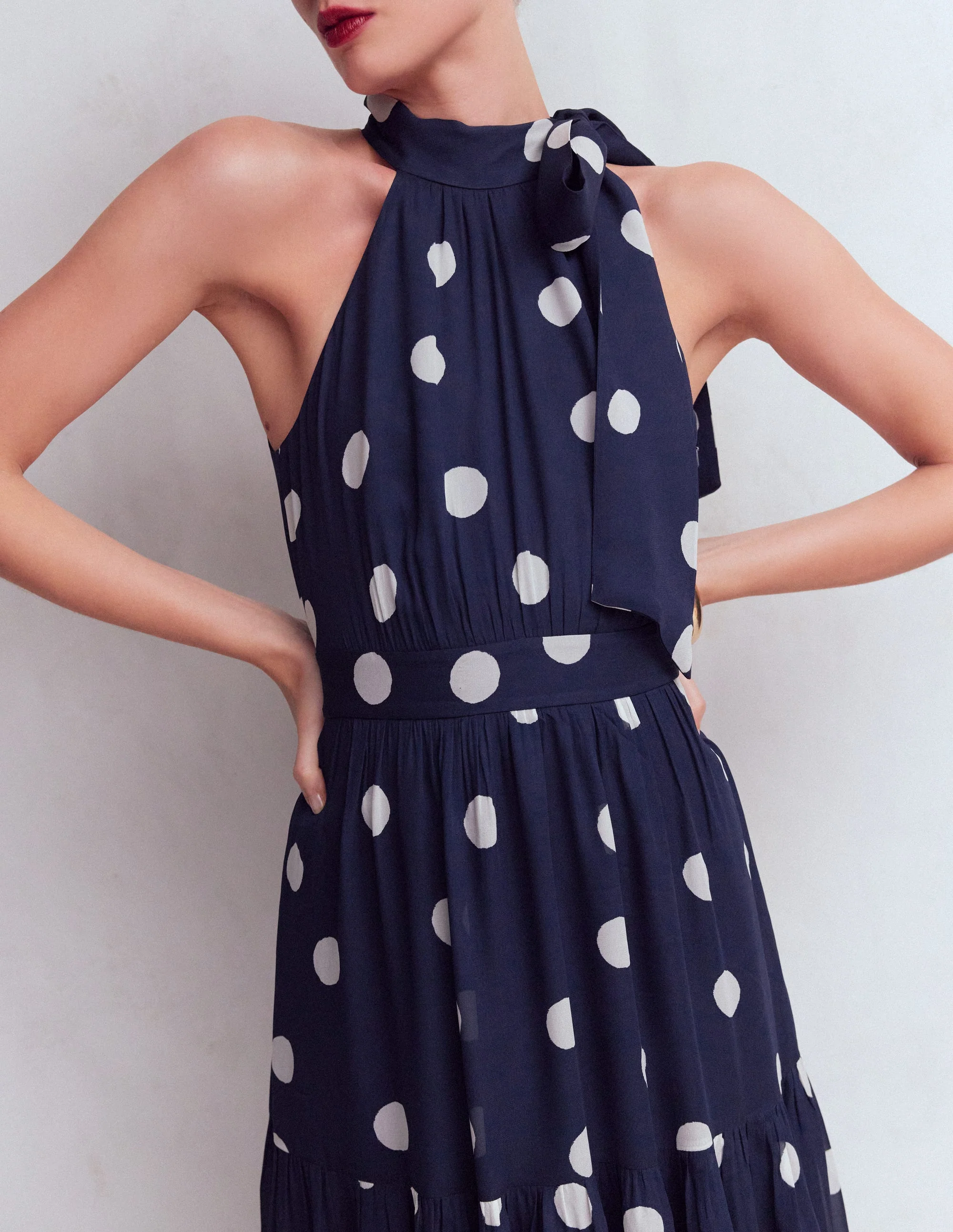 Roisin Tie Neck Maxi Dress-Navy Painted Dot Spaced - Image 5