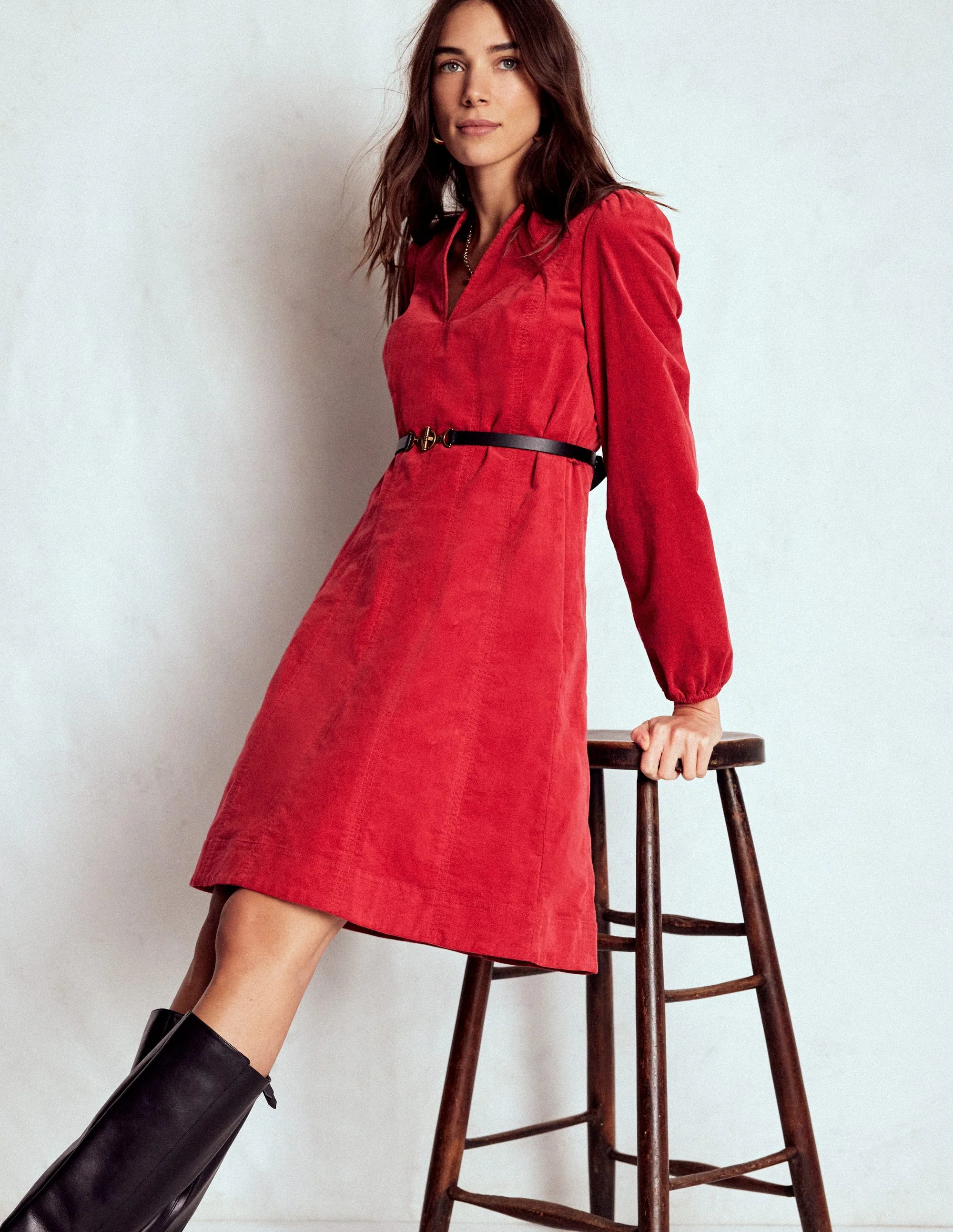 Ros Panelled Cord Short Dress-Crimson Red - Image 4