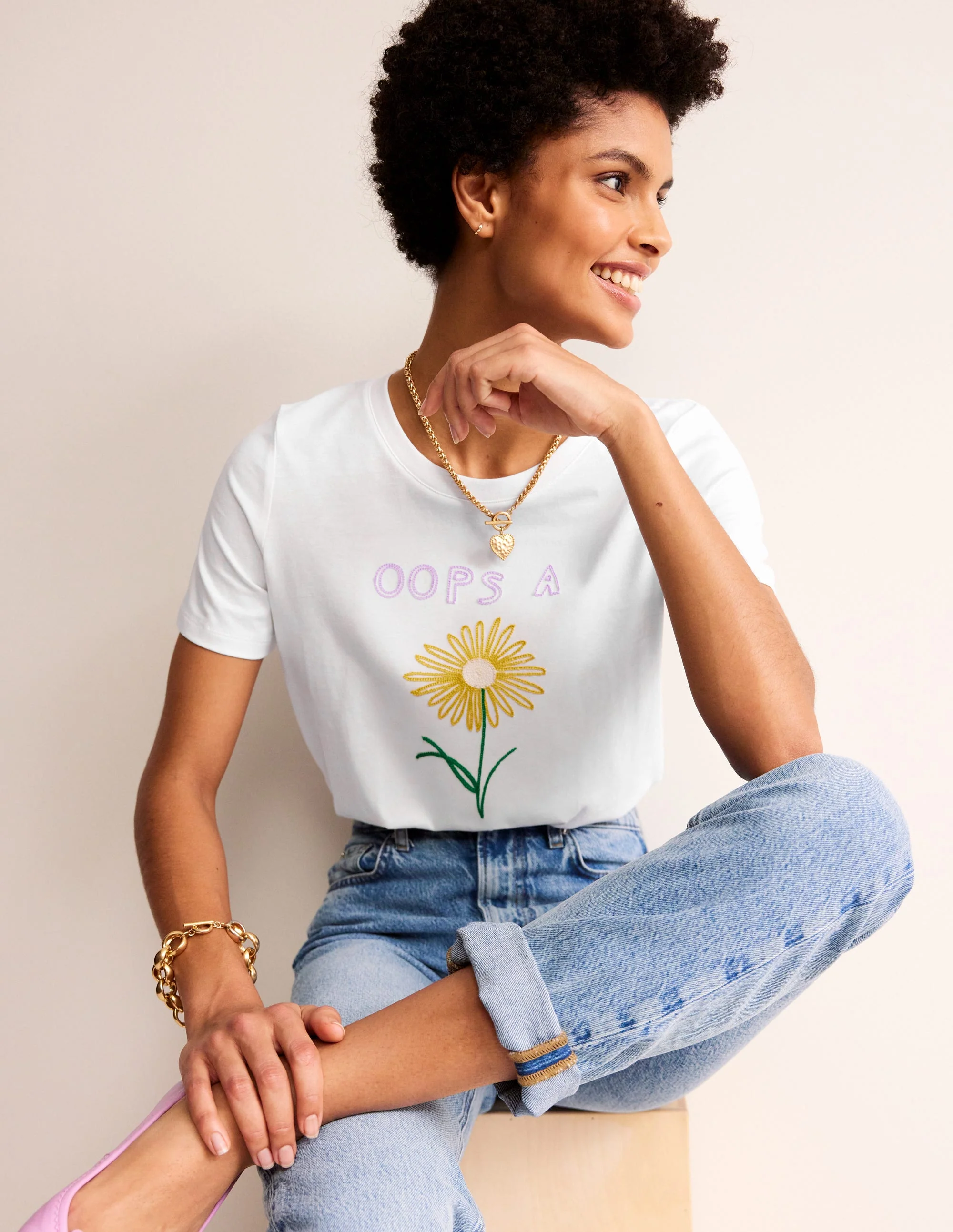 Rosa Embroidered T-Shirt-White, Oops A Daisy - Image 4
