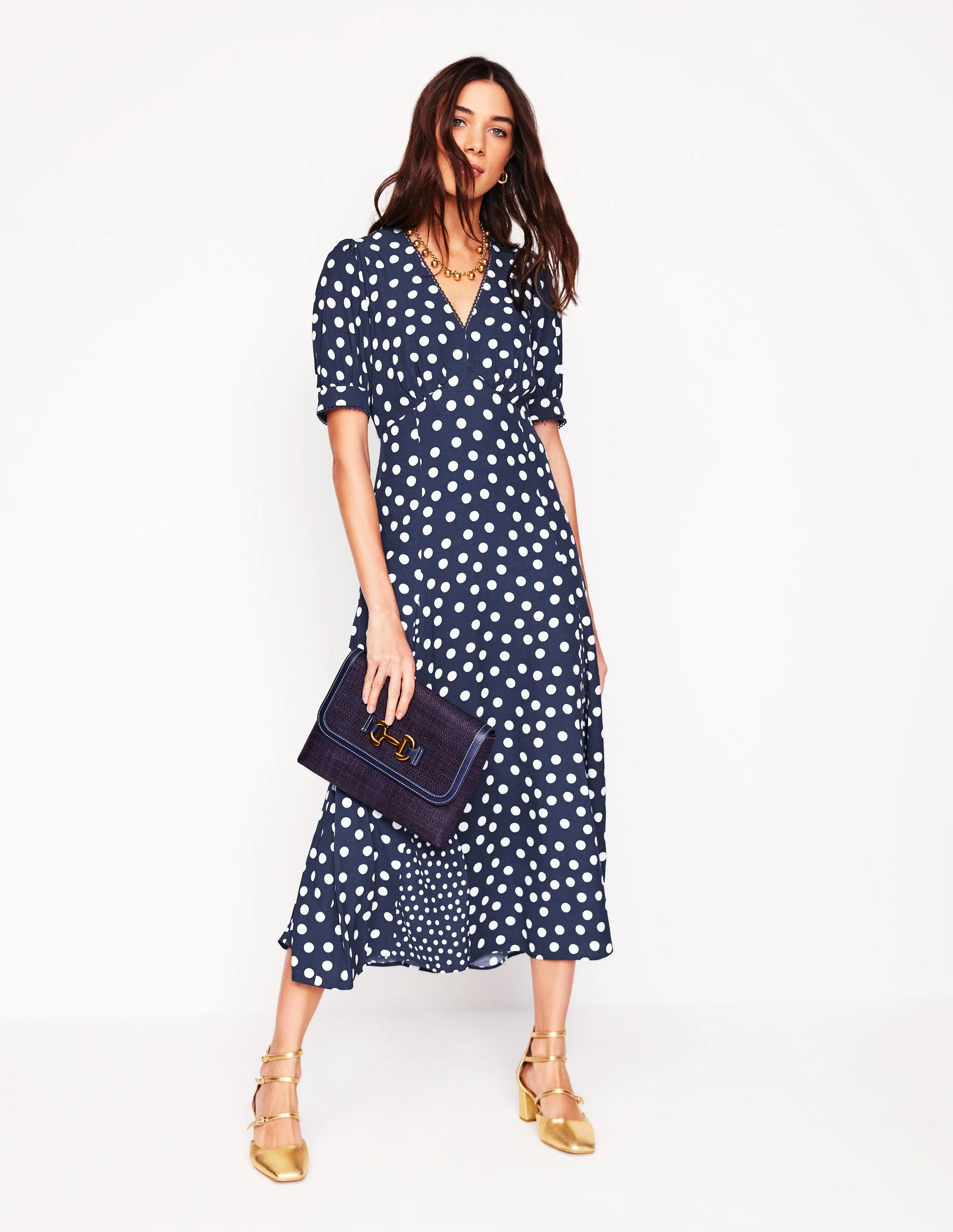 Rosie Godet Tea Dress-French Navy, Abstract Dot - Image 6