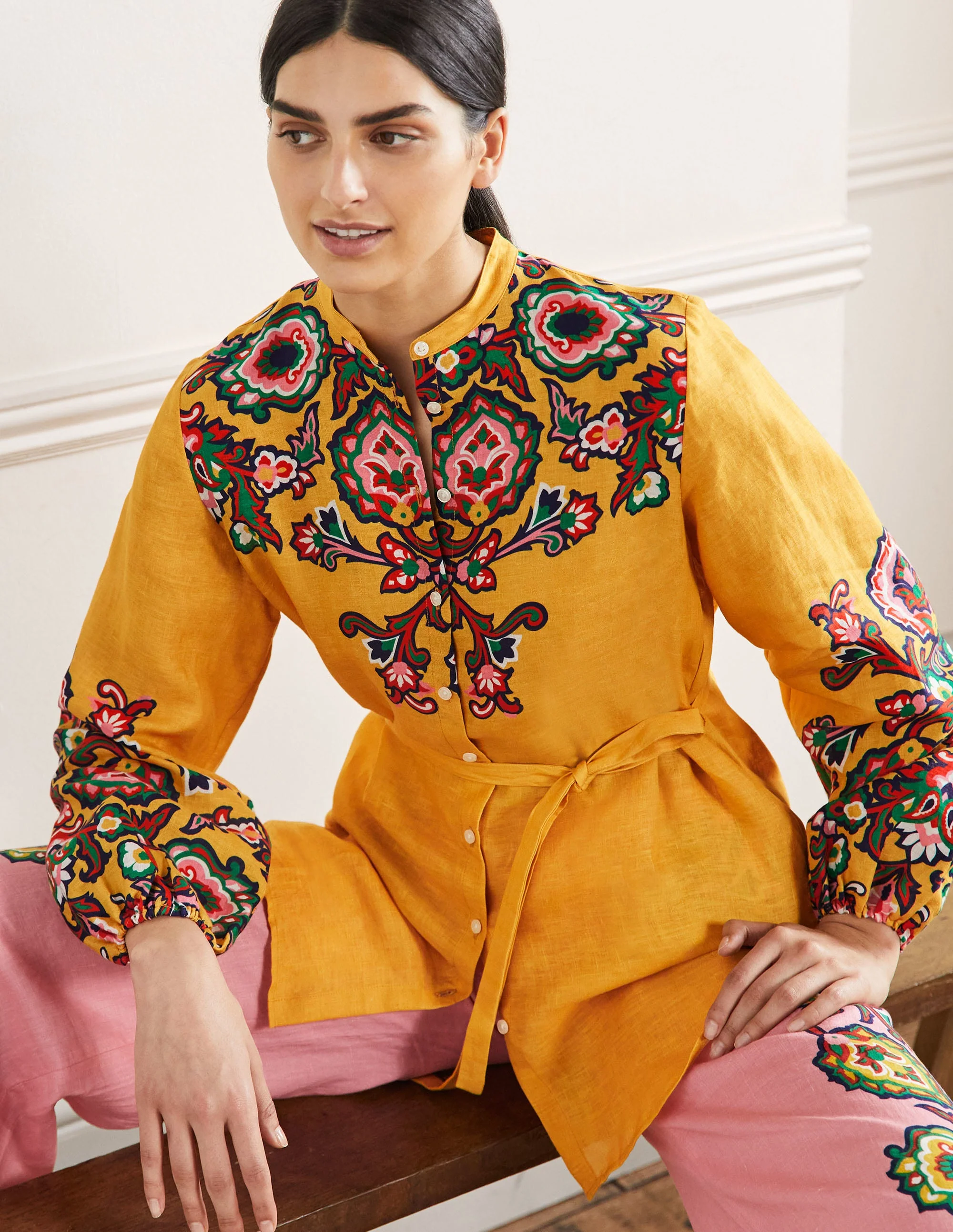 Rosie Linen Shirt-Honeycomb, Decorative Blooms