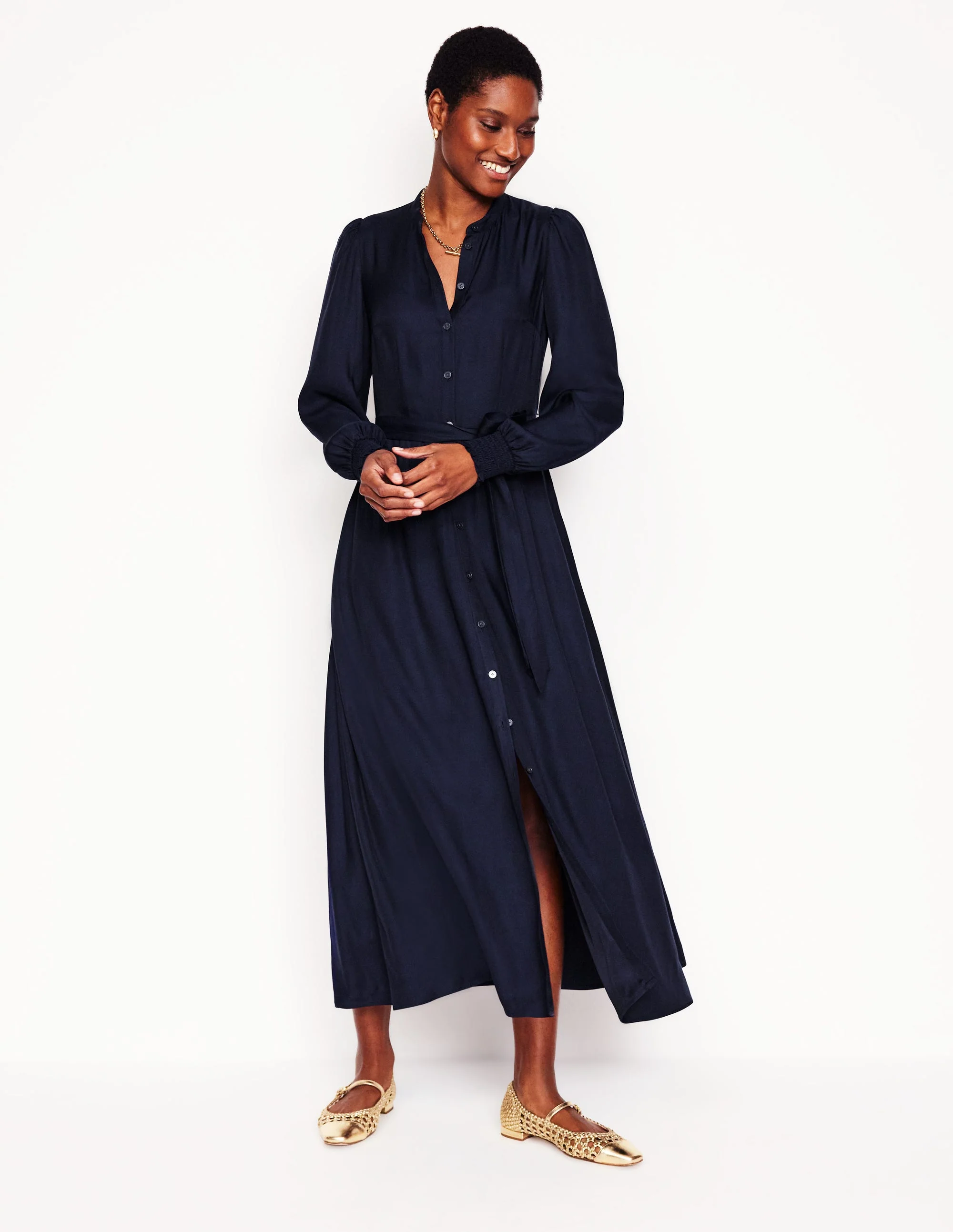 Ruby Collarless Shirt Dress-Navy