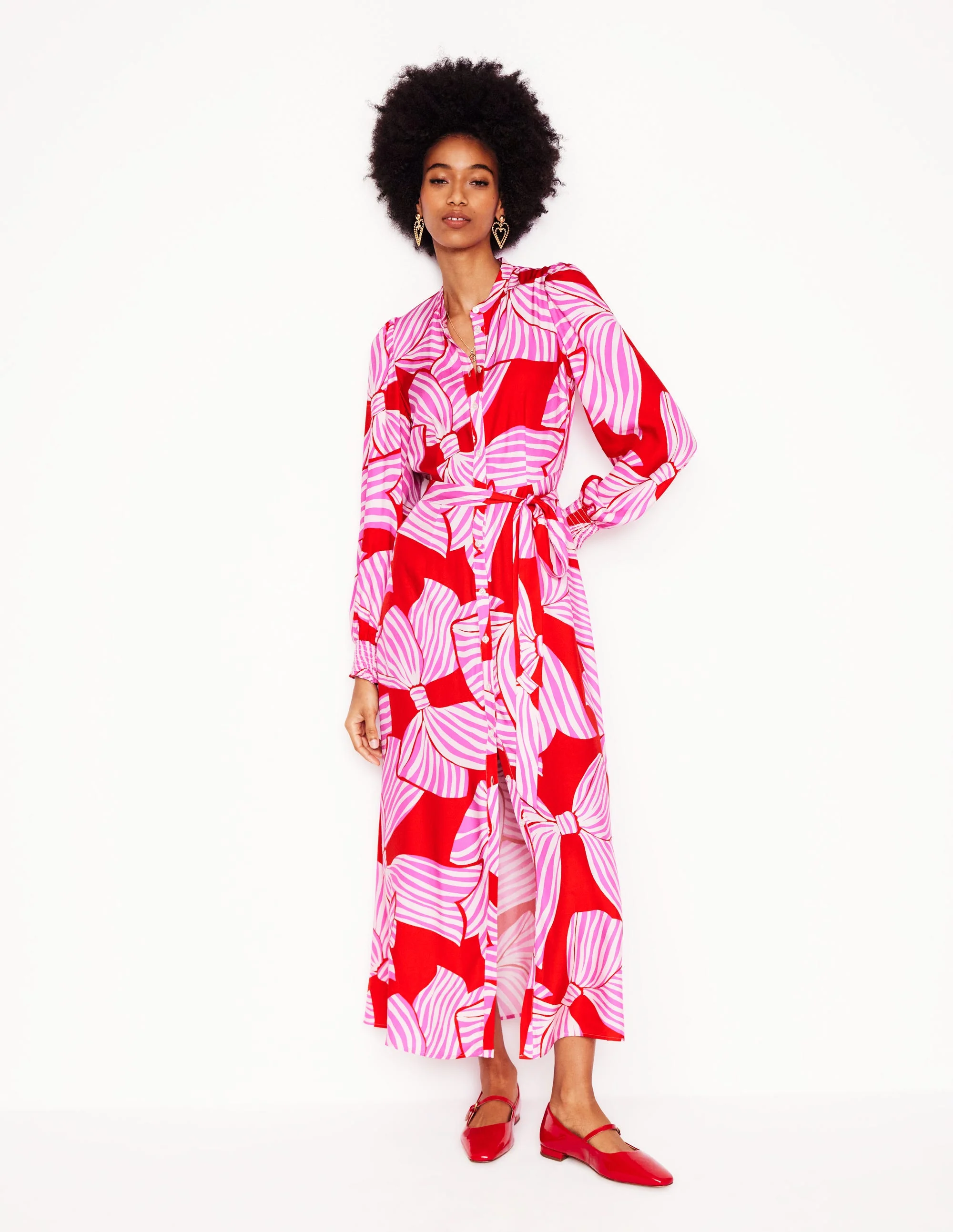 Ruby Collarless Shirt Dress-Rouge, Bow Scatter - Image 8