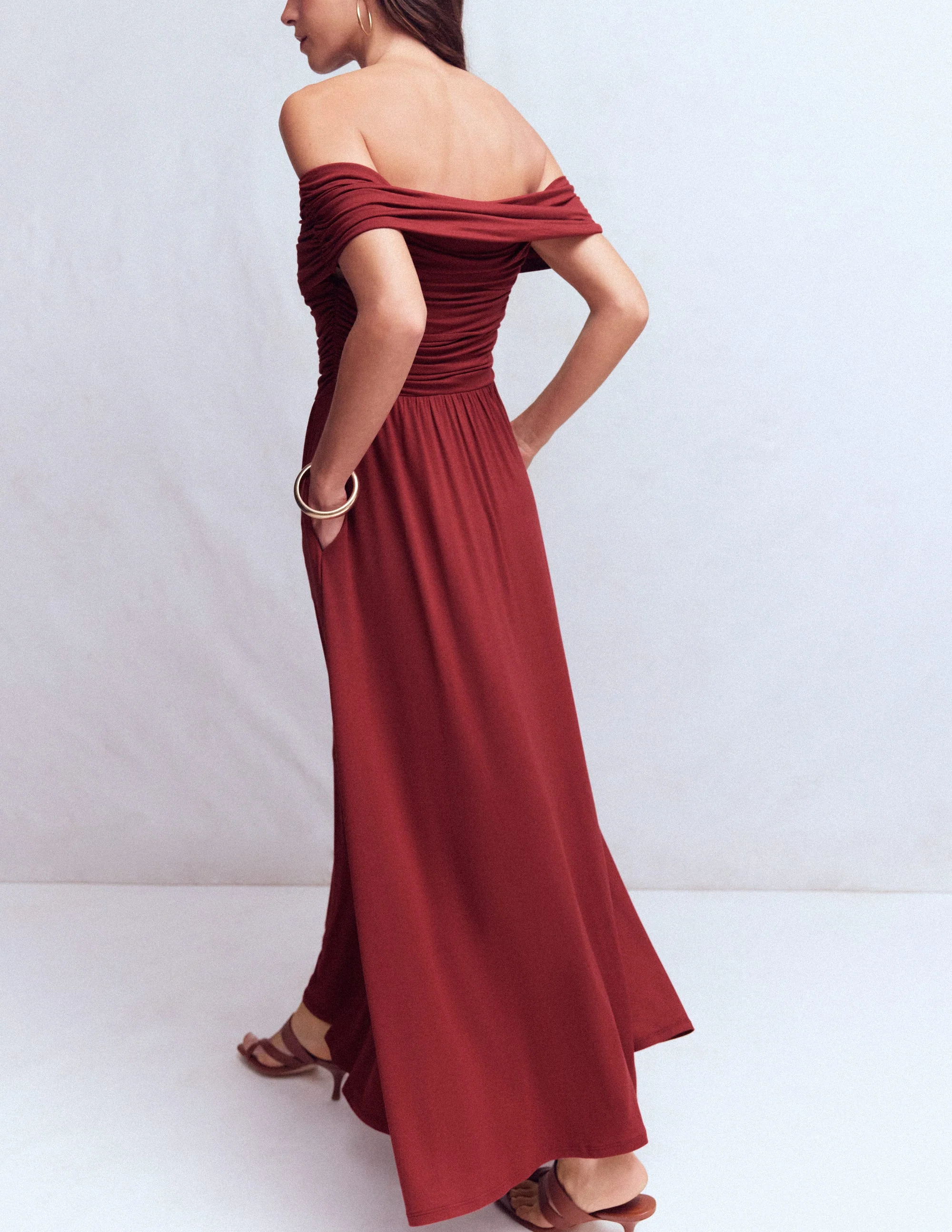 Ruched Bardot Jersey Dress-Burgundy - Image 3