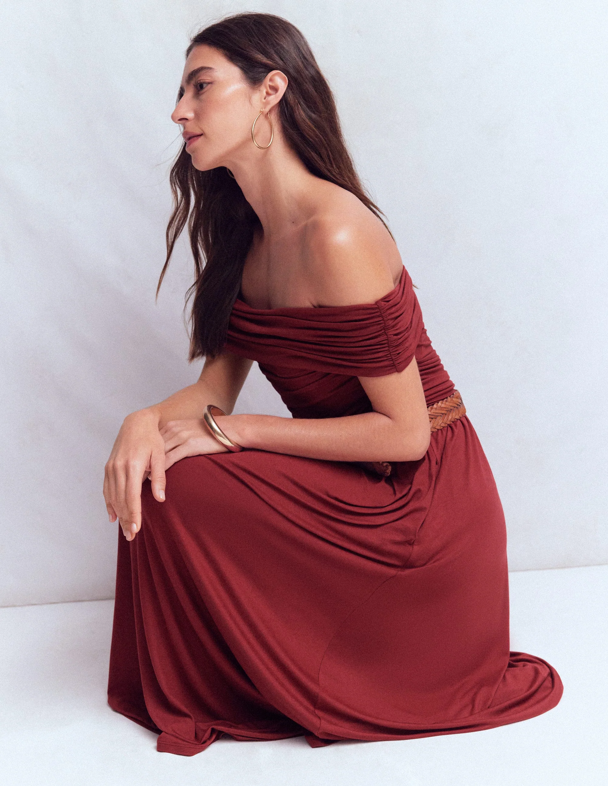 Ruched Bardot Jersey Dress-Burgundy - Image 4