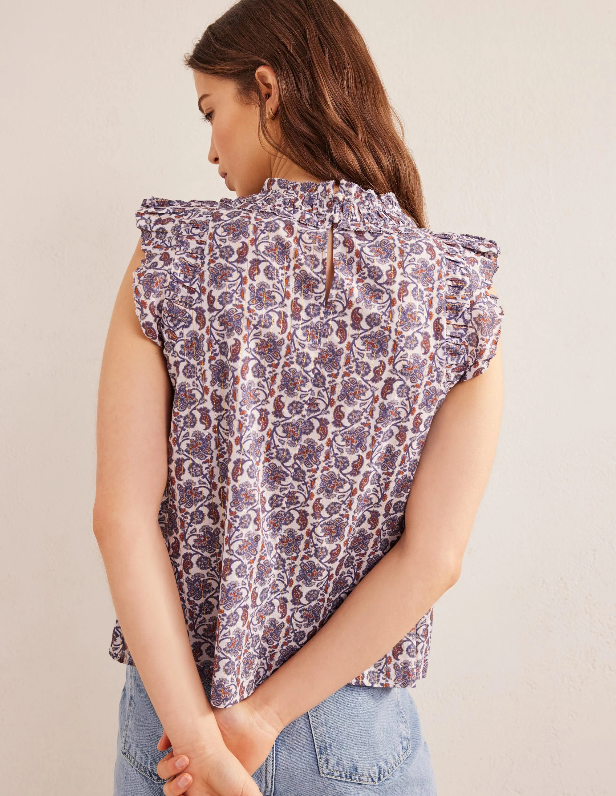 Ruched Detail Sleeveless Top-Ivory, Block Paisley - Image 3