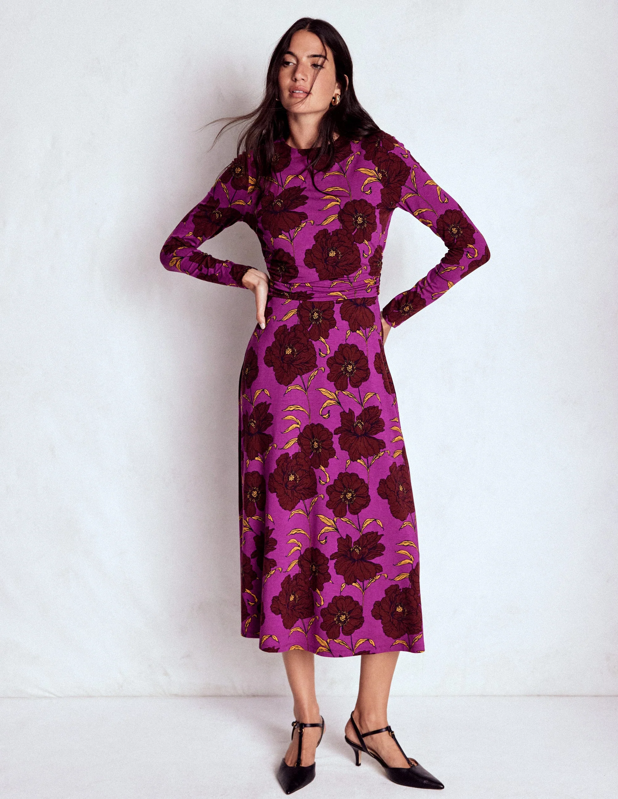 Ruched Jersey Midi Dress-Regal Purple, Peony Bloom - Image 4