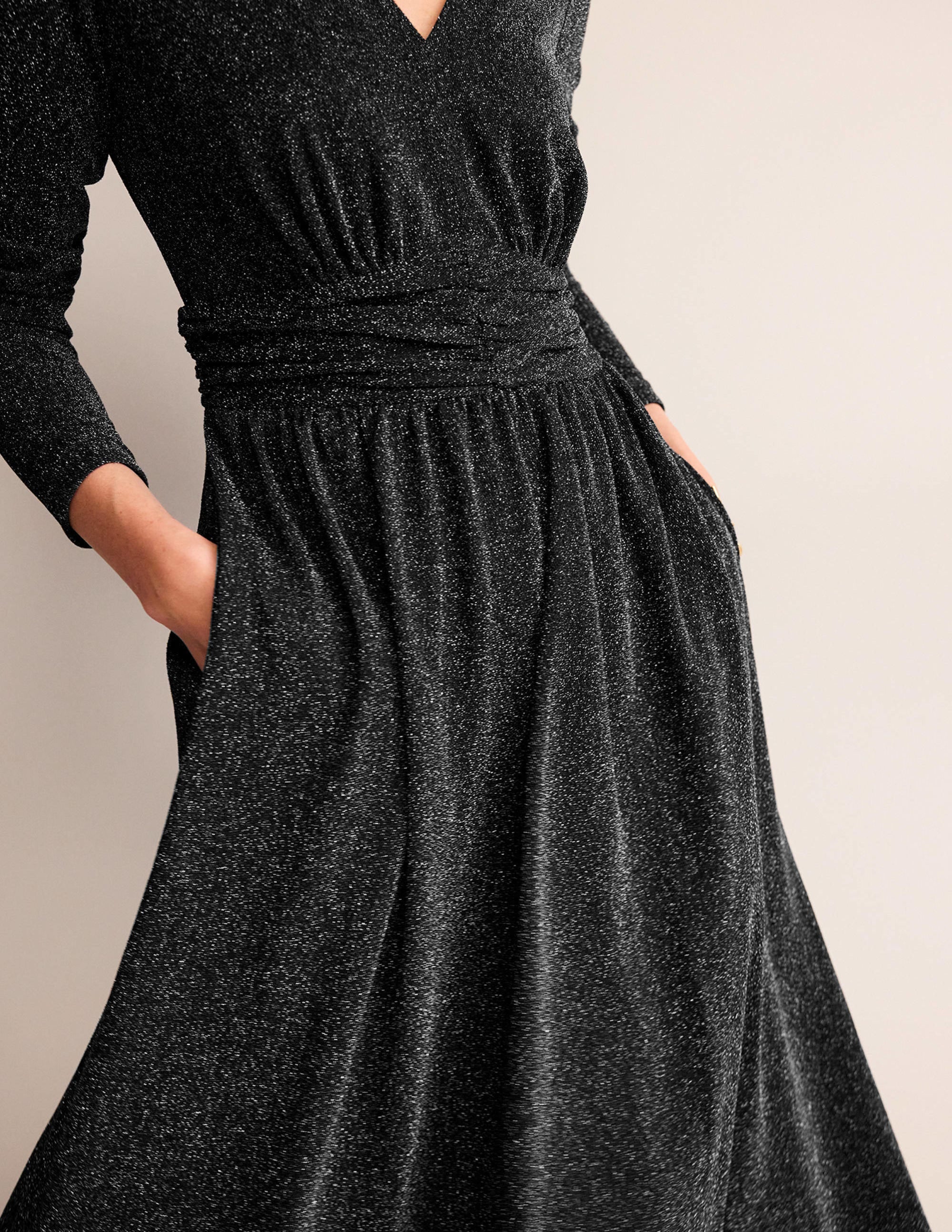 Ruched Sparkle Midi Dress-Black - Image 2