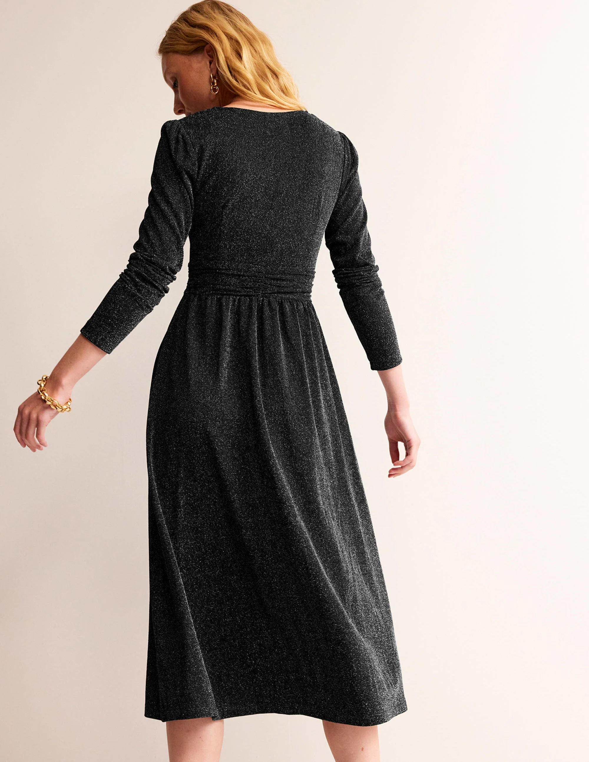 Ruched Sparkle Midi Dress-Black - Image 3
