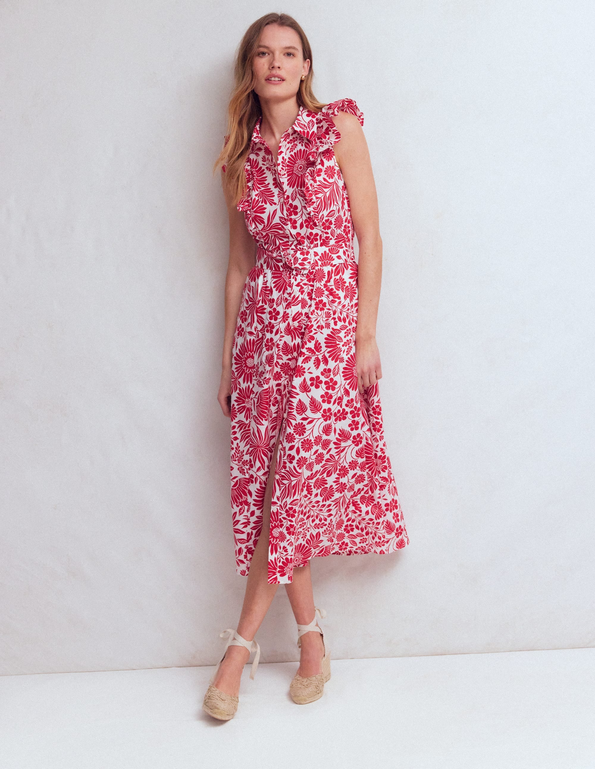 Ruffle Bodice Shirt Dress-Merida Red, Flowerbed Bloom - Image 2
