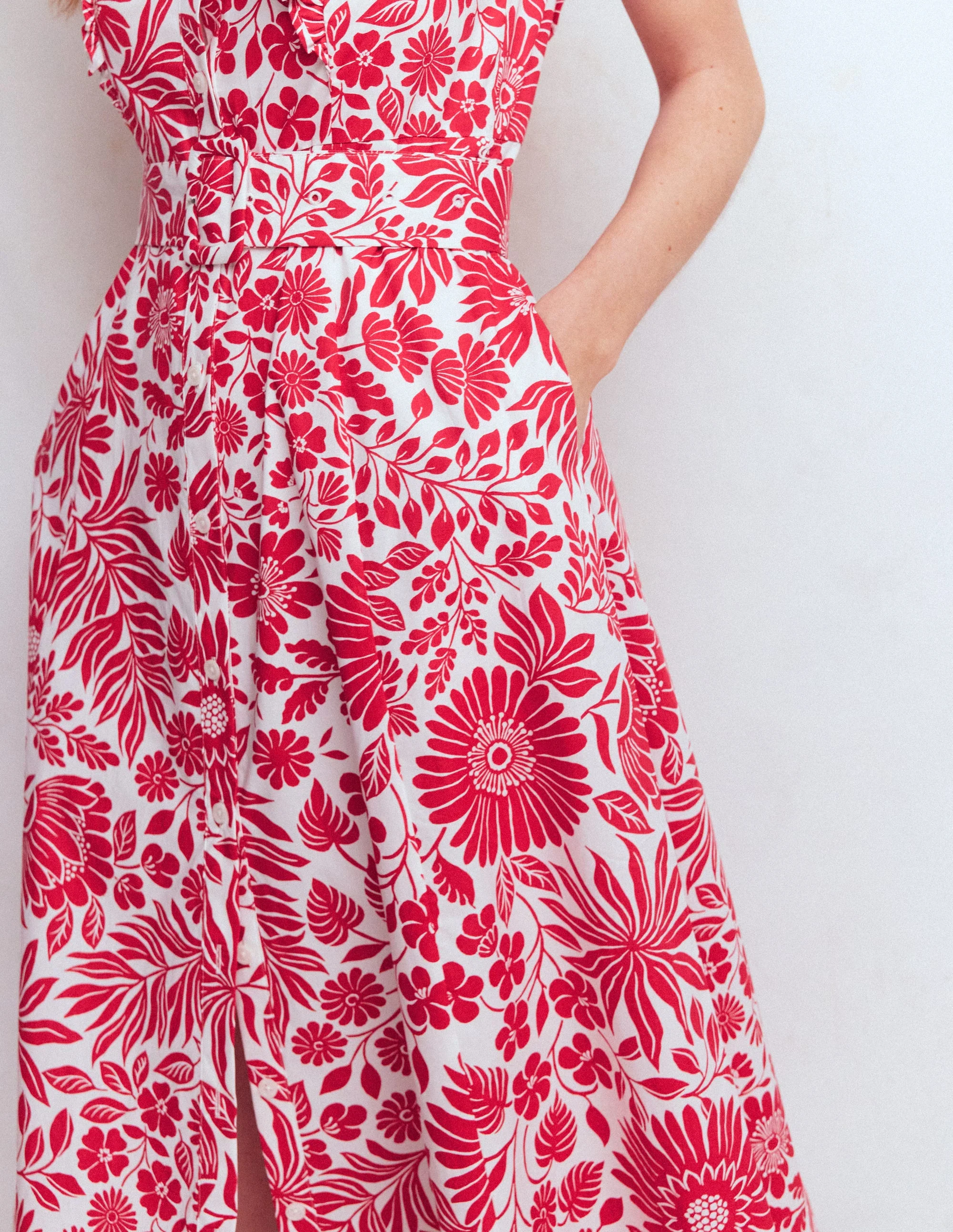 Ruffle Bodice Shirt Dress-Merida Red, Flowerbed Bloom - Image 3