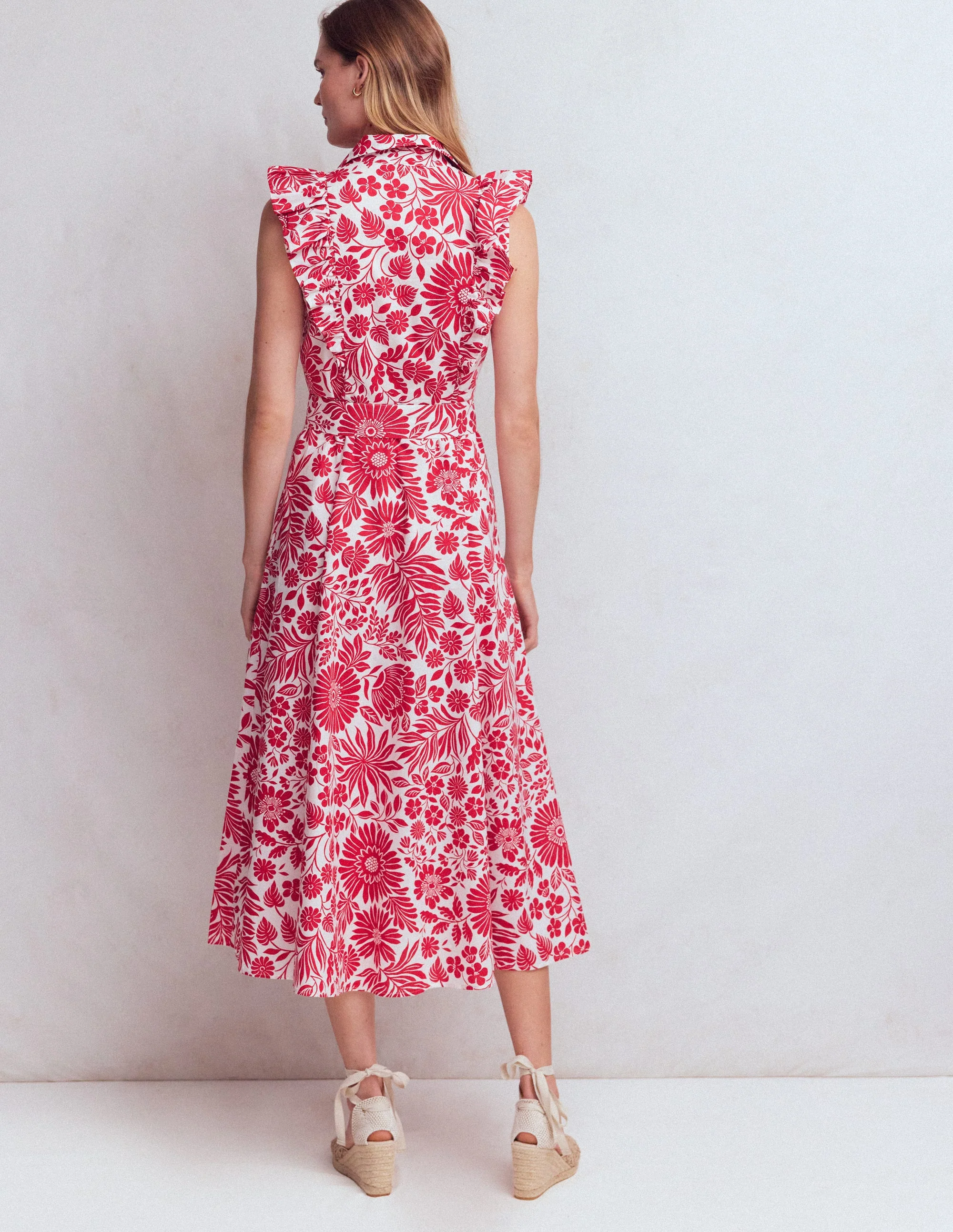 Ruffle Bodice Shirt Dress-Merida Red, Flowerbed Bloom - Image 4