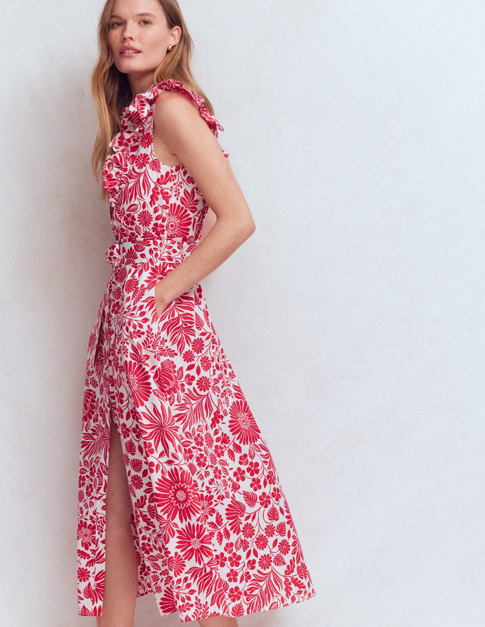 Ruffle Bodice Shirt Dress-Merida Red, Flowerbed Bloom - Image 5